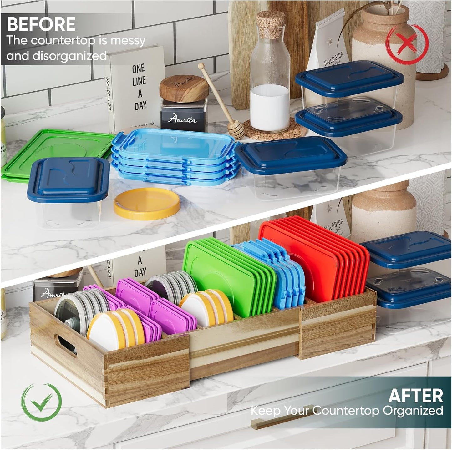 Expandable Lid Organizers Inside Cabinet, Kitchen Cabinet Organizers with 3 Adjustable Dividers, Storage Plastic Lids, Food Container Lid Holder Organizer for Drawer Pantry, Acacia