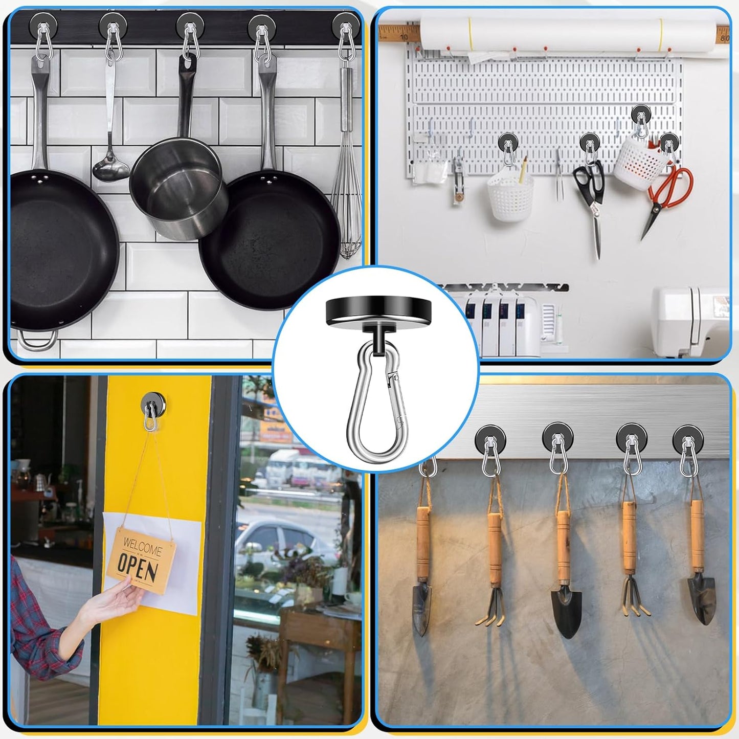 Magnetic Hooks Heavy Duty 150Lbs, 4 Pack Super Strong Magnetic Hooks with Swivel Carabiner for Cruise, Black Neodymium Magnet Hooks Magnetic Wall Hanger for Hanging, Toolbox, Grill, Cabins