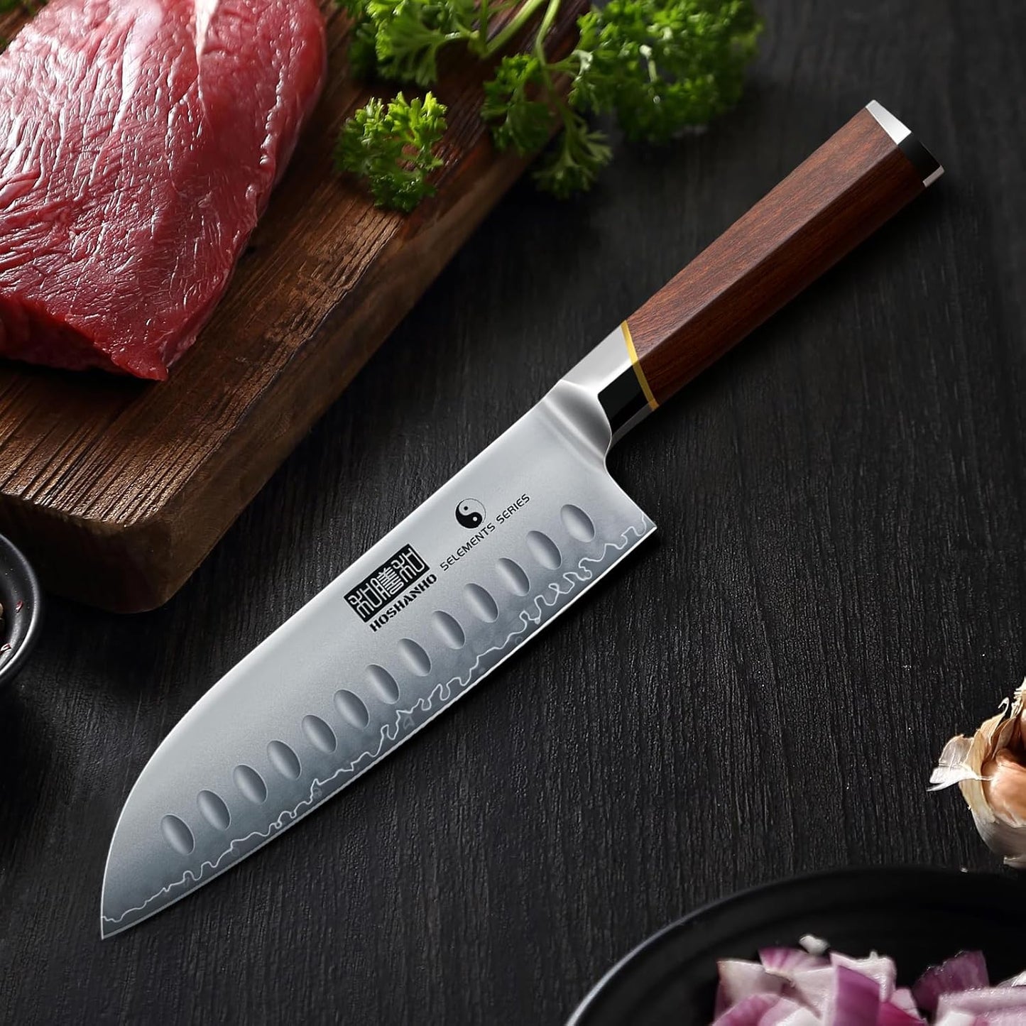 7 Inch Santoku Knife,Professional Japanese High Carbon Super Steel Chef Knife, Razor Sharp Kitchen Knife with Ergonomic Red Sandal Wooden Handle - Gift Box