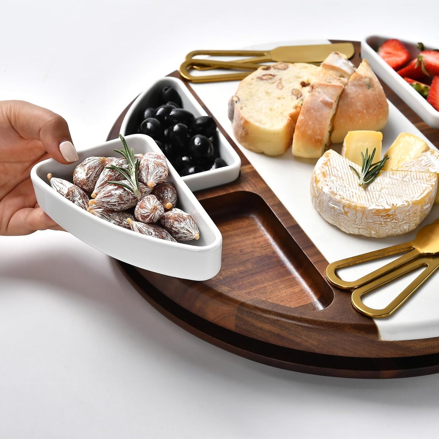 Shanik Upgraded Lazy Susan Cheese Cutting Board Set - Round Acacia Charcuterie Board With 4 Ceramic Bowls - Wedding Gifts - Cheese Serving Platter - Bridal Shower