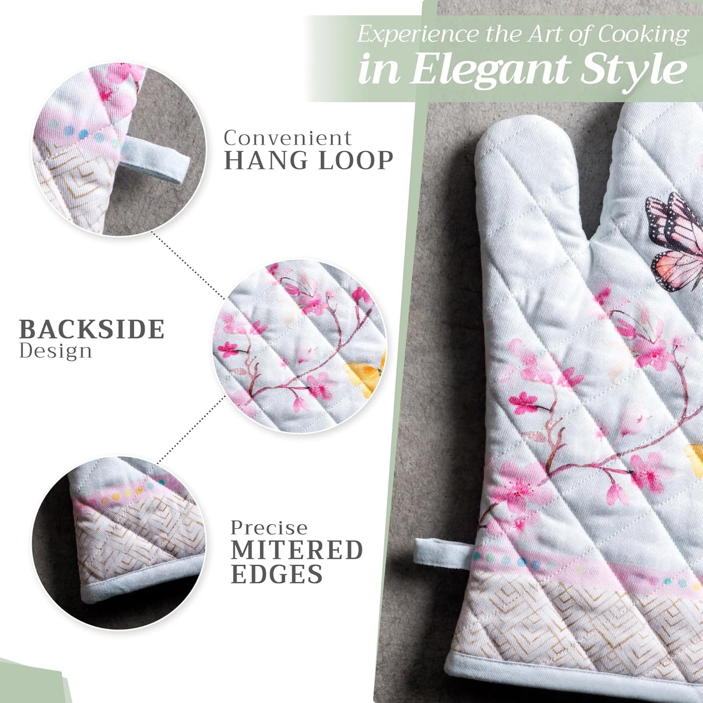 Maison d' Hermine Oven Gloves 100% Cotton Oven Mitt 7" x 13" with Loop Heat Resistant, BBQ, Cooking Gloves, Baking, Grilling, Kitchen, Handling Hot Pans Spring/Summer (Pack of 1, Blossoms in Spring)