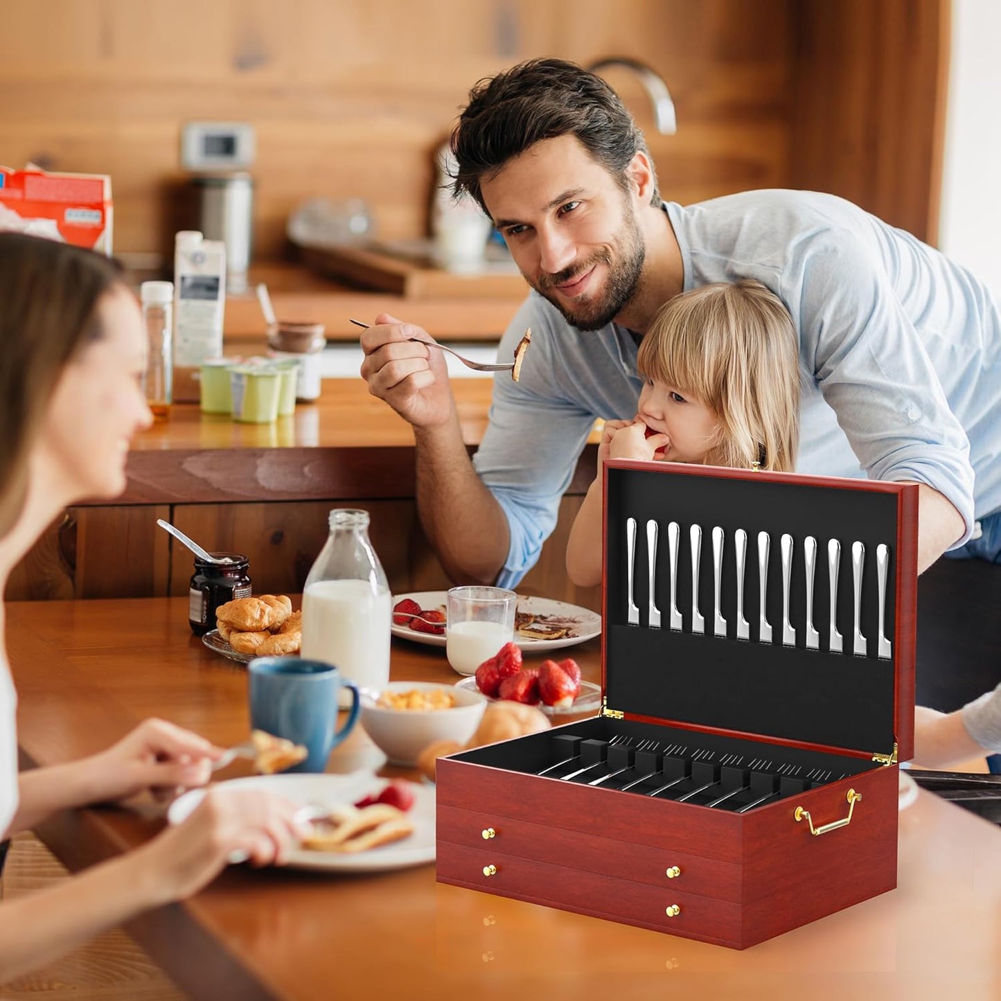 Silverware Storage Box 3-Layer Wooden Silverware Chest 15x11in Flatware Storage Case with Handle and Felt Lined Luxury Style Decor to Store Sterling Silver Ware Cutlery Sets for Home Restaurant