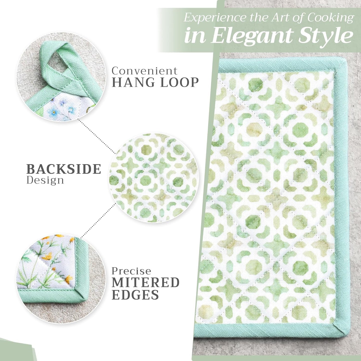 Maison d' Hermine Pot Holders Set 100% Cotton Heat Resistant Potholders 8" x 8" Hot Pads with Loop BBQ, Cooking, Baking, Grilling, Kitchen, Handling Hot Pans Spring/Summer (Pack of 2, Just Floral)