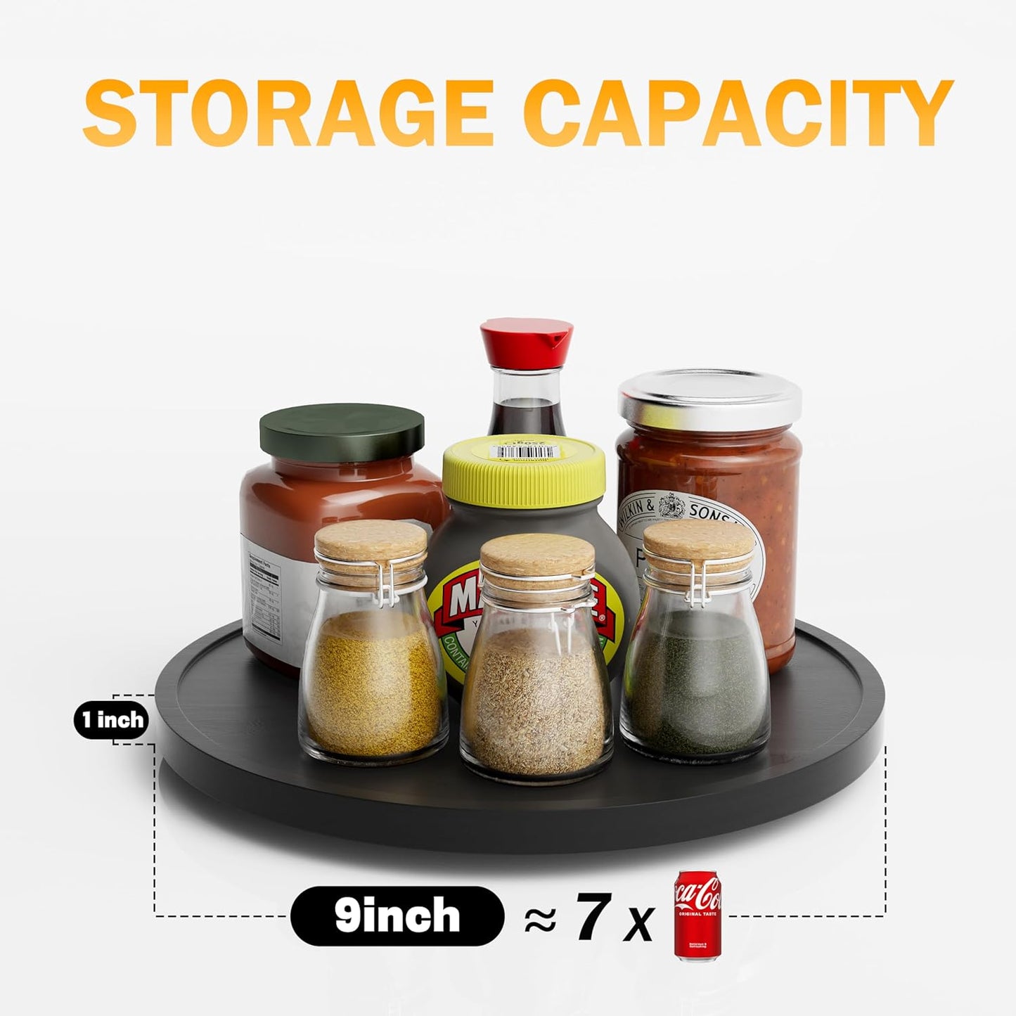 Lazy Susan Organizer Homerays 9 Inch Non-Skid Bamboo Lazy Susan for Kitchen Rotating Spice Rack for Kitchen Cabinet, Wood Turntable for Kitchen Countertop Organizer Black