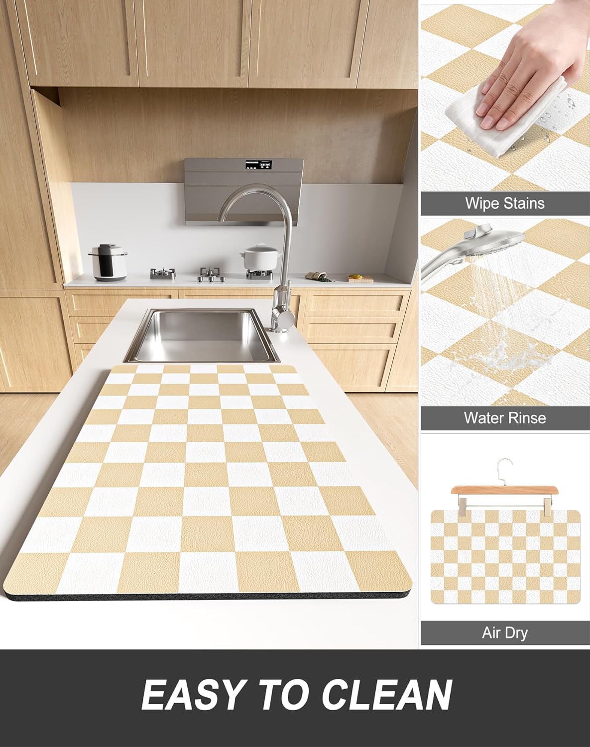 Rnivvi Dish Drying Mat for Kitchen Counter, 12 x 19" Cute Checkered Absorbent Draining Pad, Non-Slip Heat Resistant Coffee Bar Mats for Coffee Machine Station Accessories, Beige White Dish Rack Pad