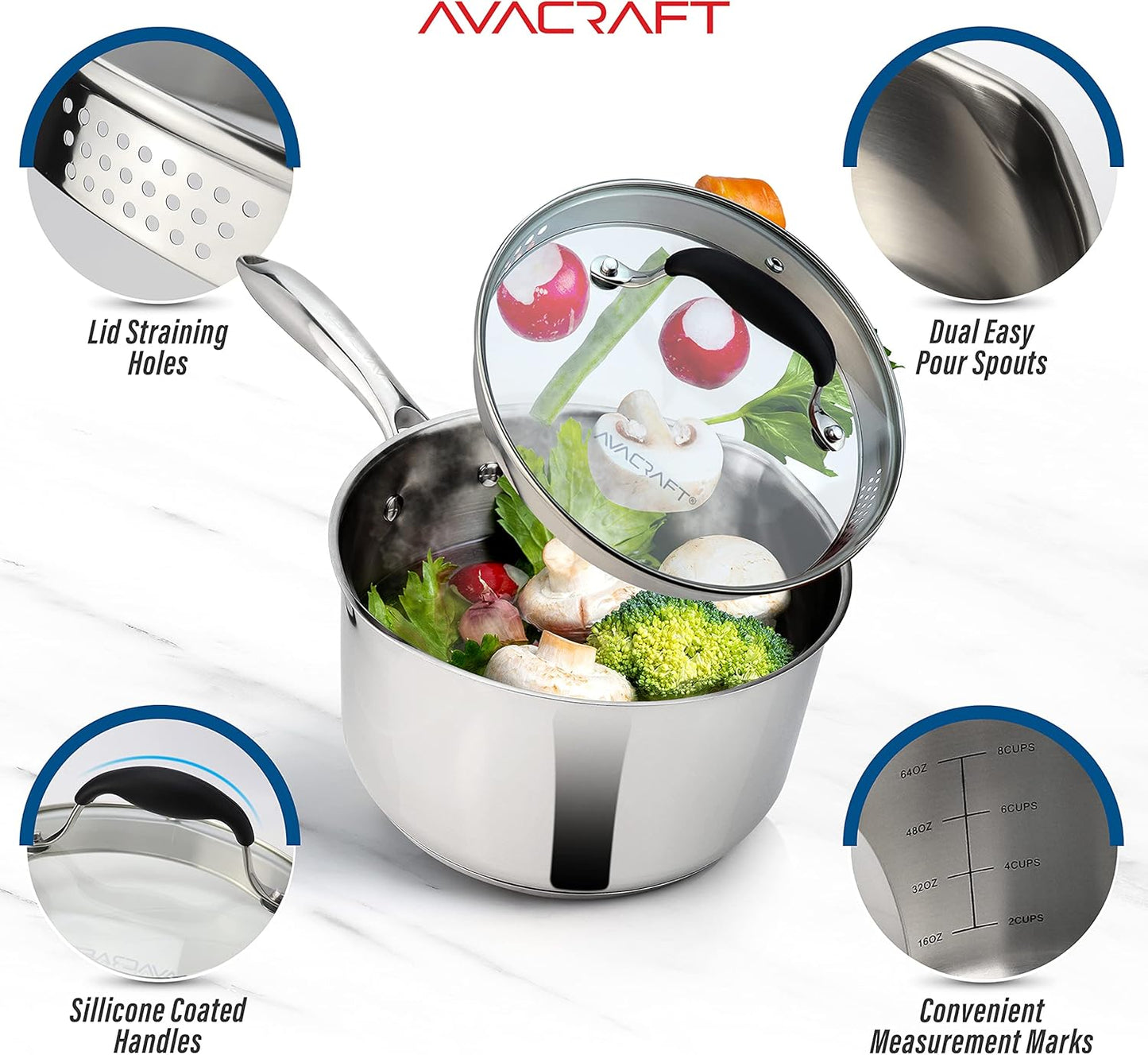 AVACRAFT Stainless Steel Saucepan with Glass Strainer Lid, Two Side Spouts for Easy Pour with Ergonomic Handle, Multipurpose Sauce Pot (5-Ply Capsule Bottom, 2.5 Quart)