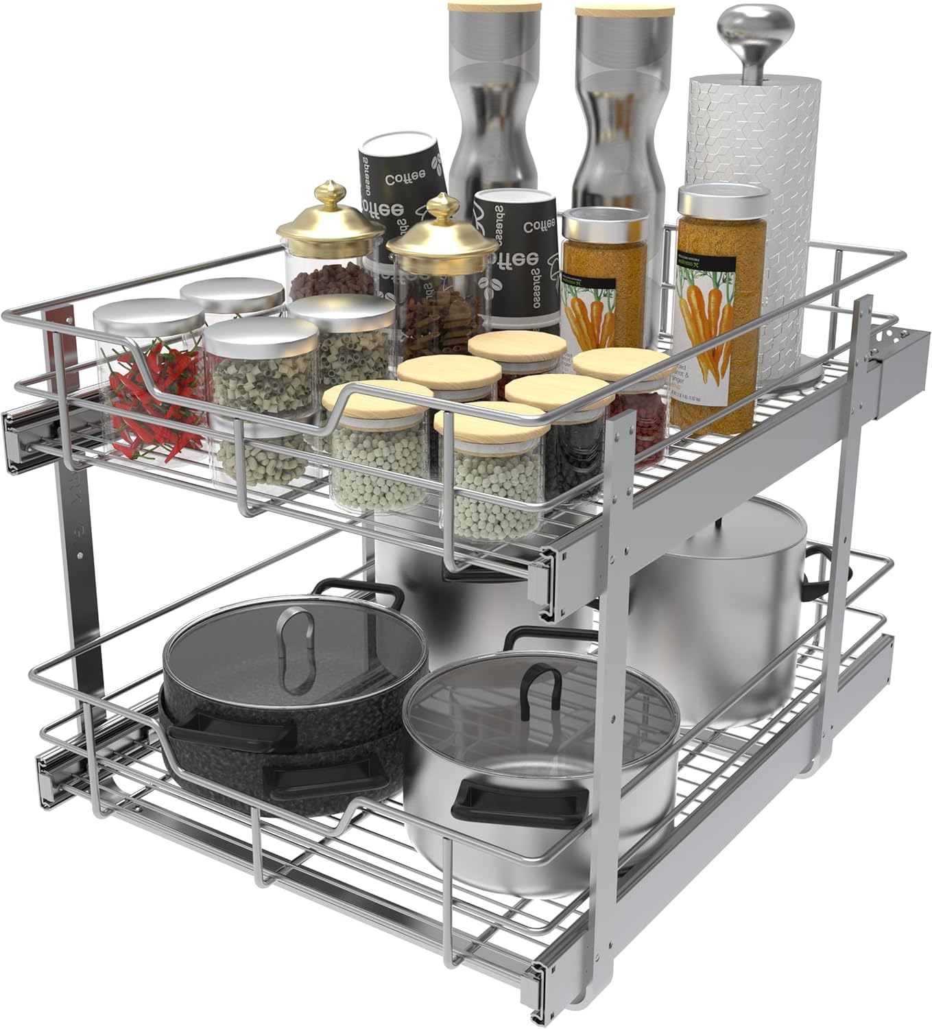 2 Tier Pull Out Cabinet Organizer 18" W X 22" D, Slide Out Drawers For Kitchen Cabinets, Pull Out Drawers For Cabinets Capacity Heavy Duty Caddy, Cabinet Pullout Shelves Chrome-Plated,Bathroom Pantry