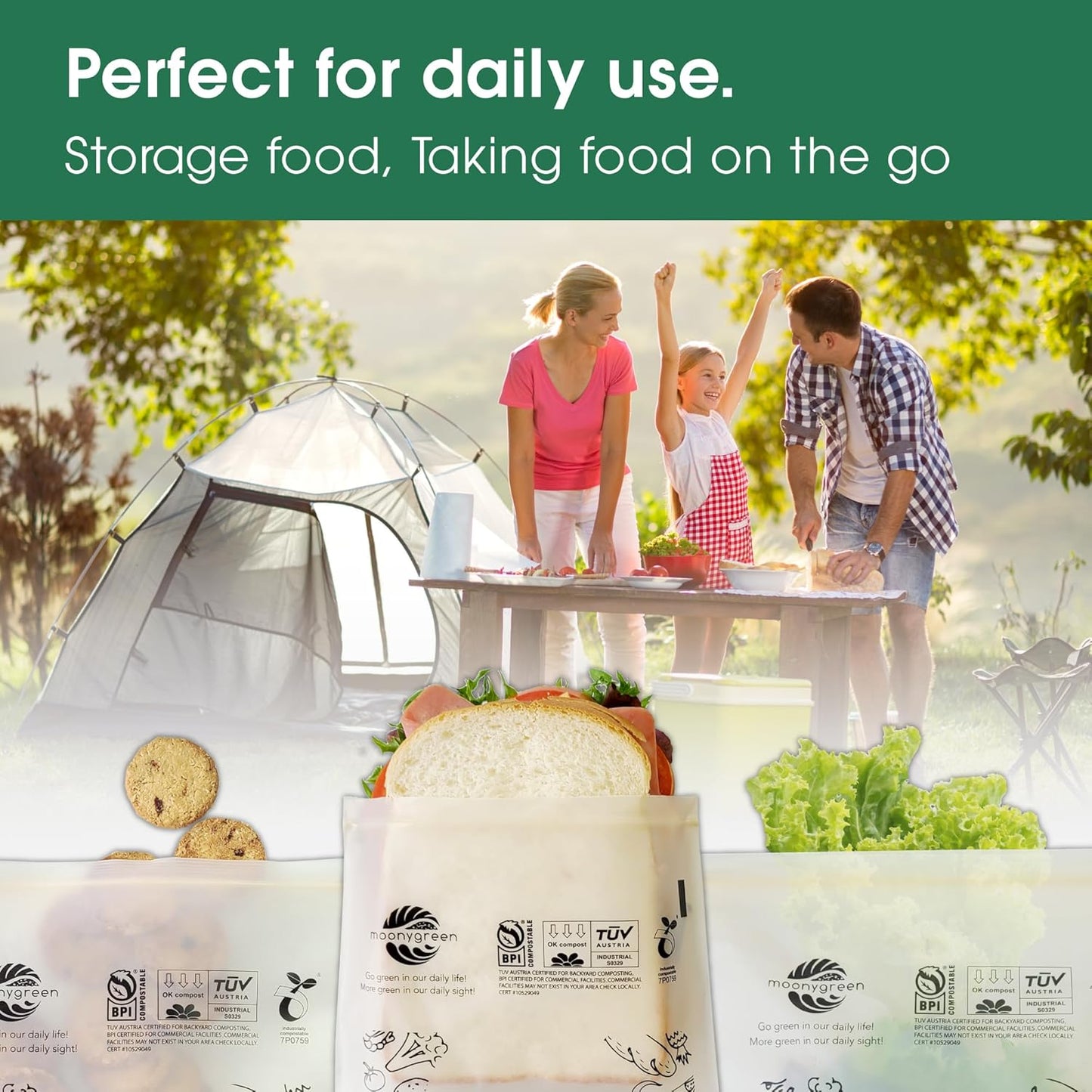 Compostable Food Storage Bags, Resealable Sandwich Bags, 50 Count, 6.7 x 6.8 inches, Extra Thick, Certified US BPI ASTM D6400 Europe OK Compost