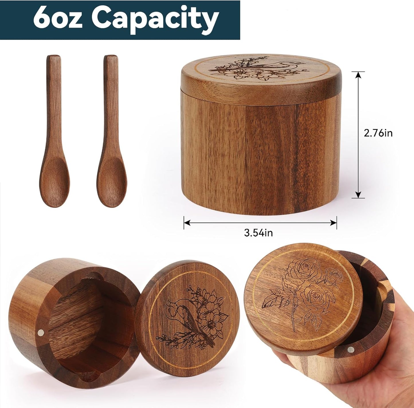Salt Cellar, 2PCS Salt Container Acacia Wood Salt and Pepper Box for Countertop with Built-in Spoon & Swivel Lid, Wood Salt Holder Bowl for Kitchen, Seasoning Storage (Rose & Bird Engraving)