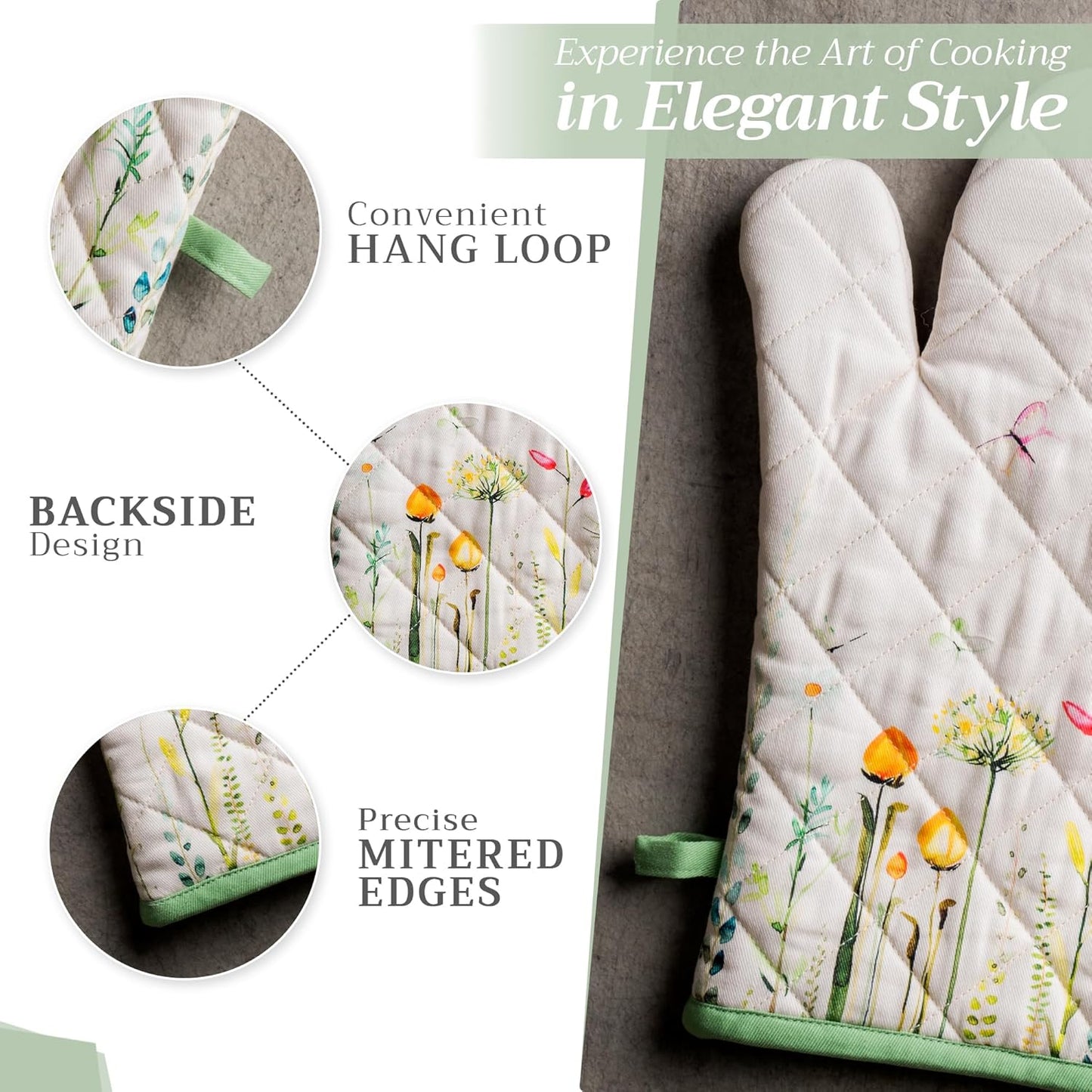 Maison d' Hermine Oven Gloves 100% Cotton Oven Mitt 7" x 13" with Loop Heat Resistant, BBQ, Cooking Gloves, Baking, Grilling, Kitchen, Handling Hot Pans Spring/Summer (Pack of 1, Botanical Fresh)