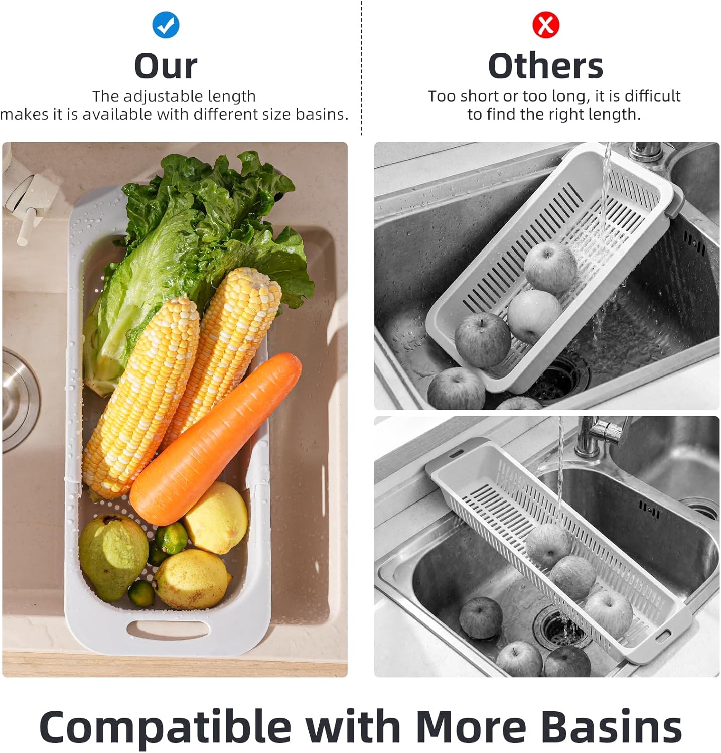 Extended Long Over the Sink Colander, Wash Vegetables Fruits Collapsible Colander Strainer, 14.5"-19.3" Extendable Kitchen Sink Accessories for Dishes Drying, Vegetable Basket, with Peeler