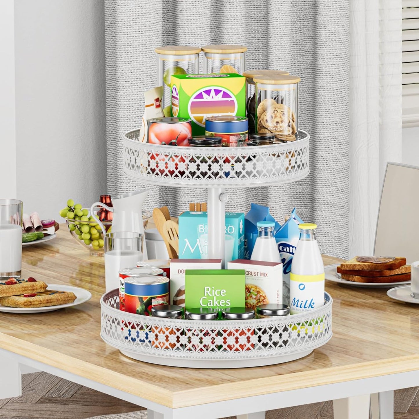 Lazy Susan Organizer 2 Tier - Turntable Spice Rack 12 inch Adjustable Metal Rotating Lazy Susan for Cabinet Pantry Kitchen Countertop Dining Table Cupboard Bathroom Vanity Storage White