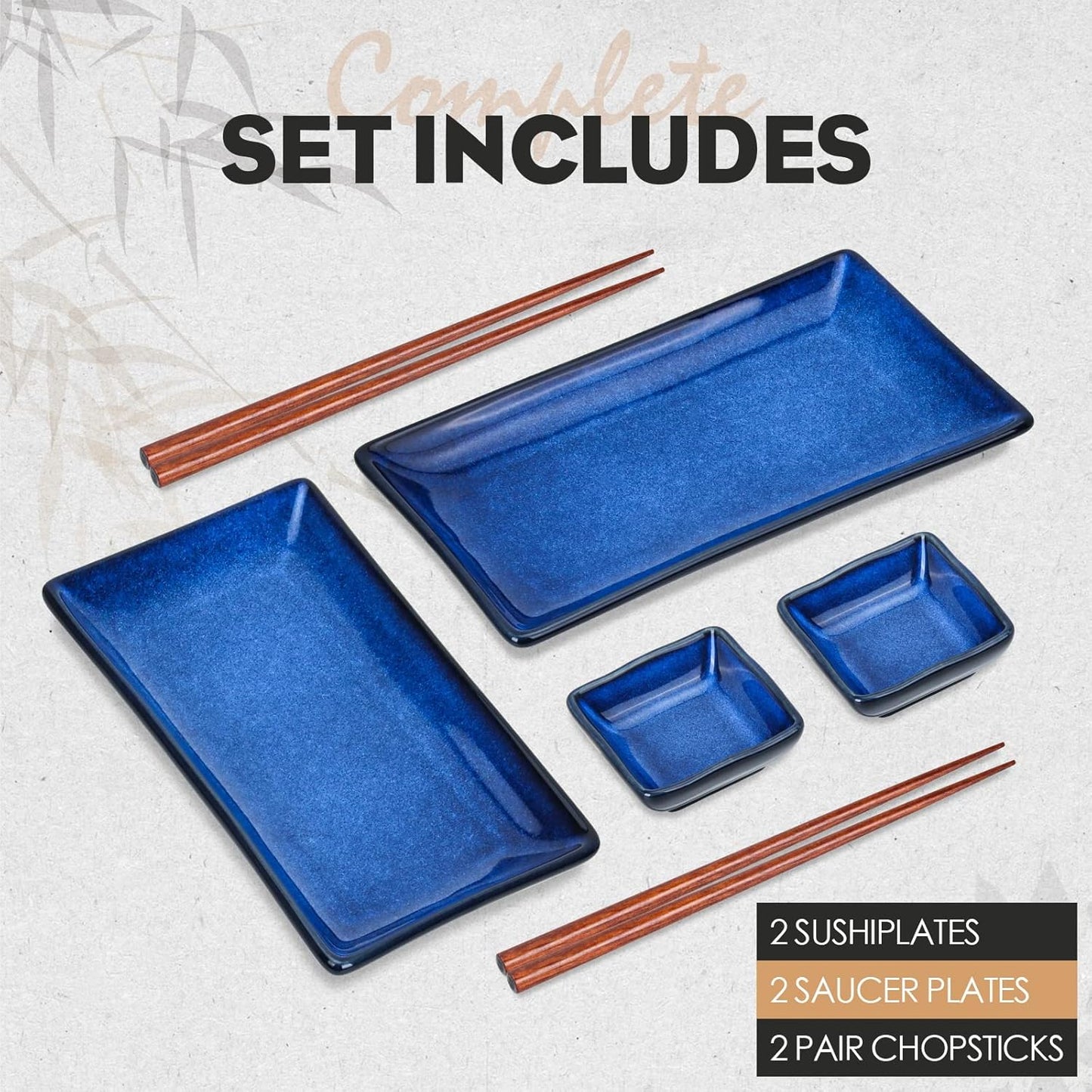 Ceramic Sushi Serving Tray Sets 2, 6 Pieces Japanese Style Porcelain Sushi Plate Set with Soy Sauce Dishes, Bamboo Chopsticks Housewarming Gift, Blue