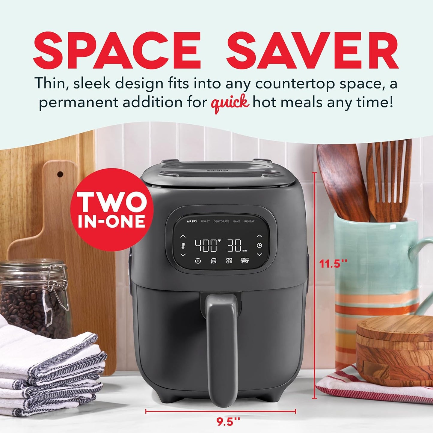 Dash Flip & Fry™ Digital 2-in-1 Grill + Air Fryer with 5 functions, 3 Qt Capacity, Air fryer & Indoor Grill for fries, wings, burgers and more - Forged Iron