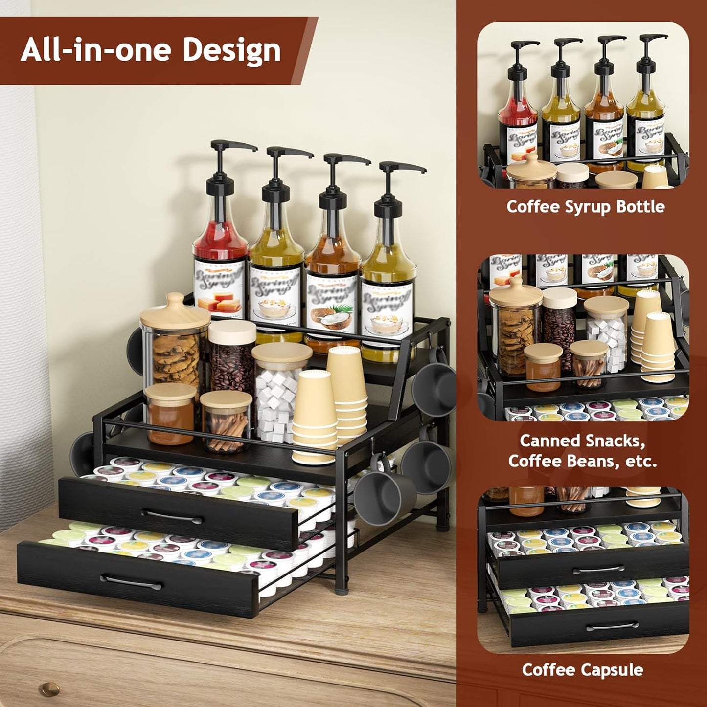 Coffee Syrup Rack Organizer - 4-Tier 8 Syrup Wine Bottles Stand with 82 Storage Drawer for K Cups, Coffee Pod Holder for Countertop, Bar Station, Kitchen, Black