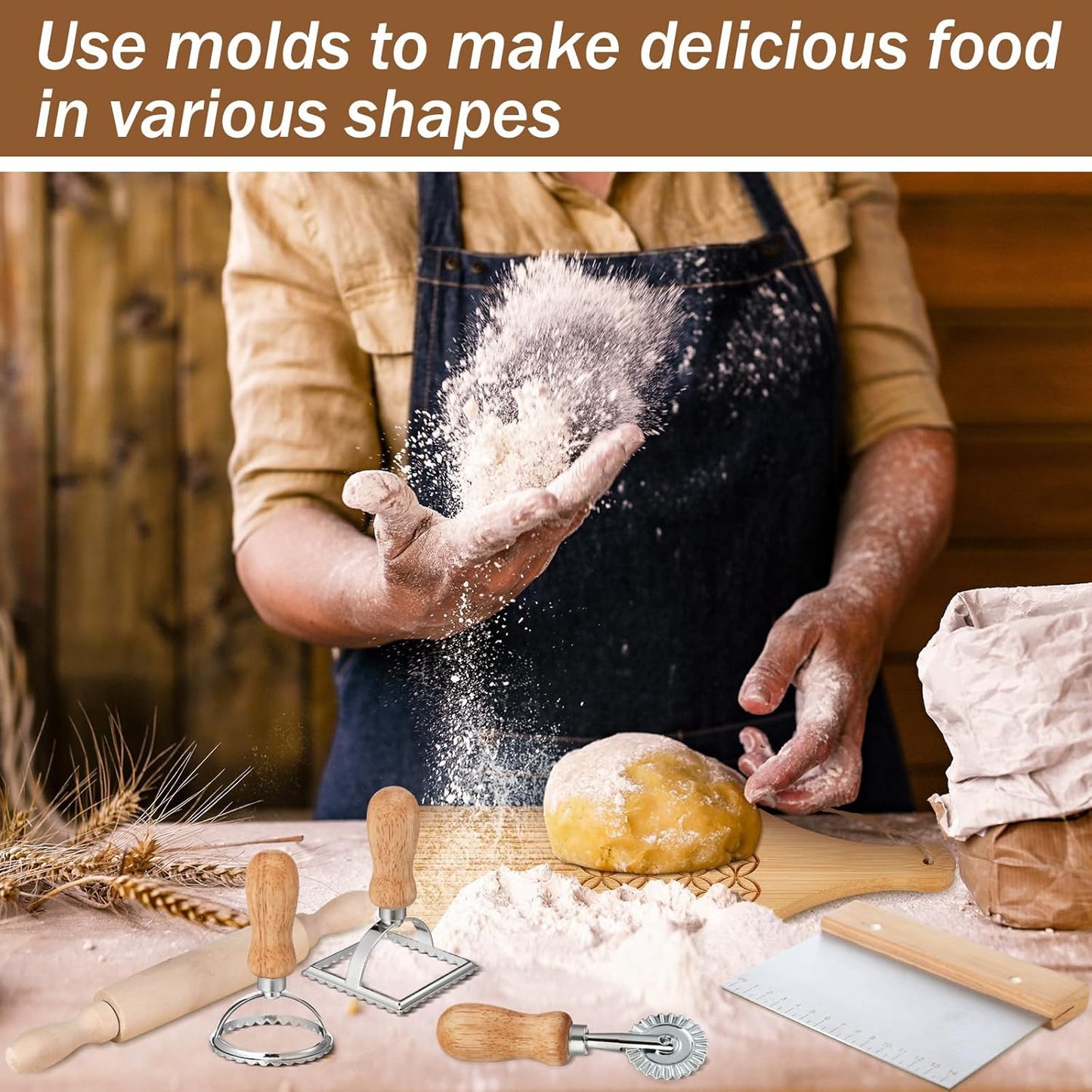 Baderke 9 Pcs Pasta Making Tool Set Include 1 Bamboo Drying Rack 1 Ravioli Press 1 Gnocchi Board 1 Cutter 1 Rolling Pin 1 Filling Spoon 3 Ravioli Stamp for Pasta Maker