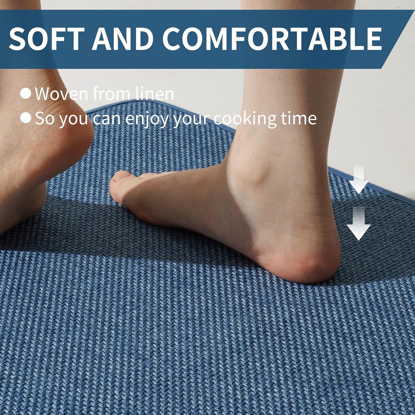 Kitchen Mats for Floor, Super Absorbent Kitchen Rugs Non Slip Washable, Soft Imitation Linen Braided Kitchen Runner Rug, Standing Mat Sink Mat, Easy to Clean, Blue 17x59