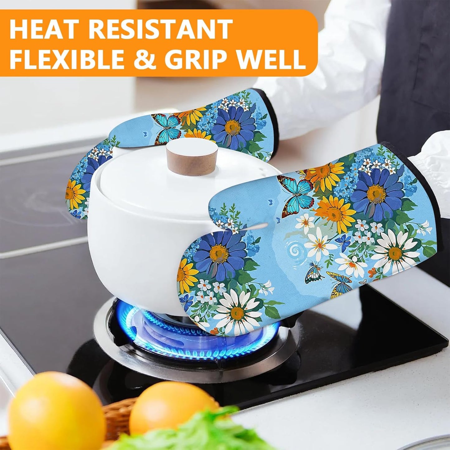 Sunflower Butterfly Oven Mitts and Pot Holders Sets 4Pcs,Extra Long Oven Gloves Potholder for Kitchen Cooking Baking BBQ 100% Cotton Heat Resistant