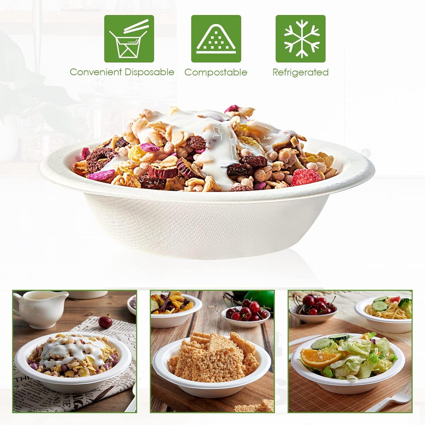 Vplus 200 Pack 16 OZ Paper Bowls, Disposable Compostable Bulk, Eco-friendly Bagasse, Heavy-duty Bowls Perfect for Milk Cereals, Snacks, Salads