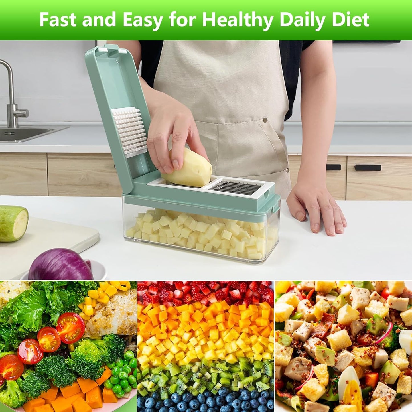 Vegetable Chopper, Onion Chopper Dicer, Mandoline Slicer, Food Chopper with Container, Vegetable Cutter for Salad Potato Carrot Garlic(10 Blades, Blue White)