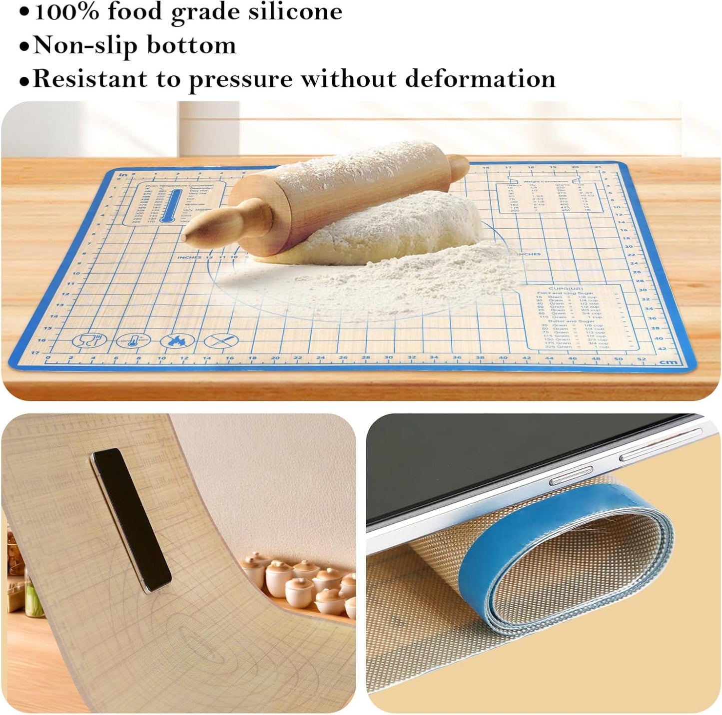 Silicone Baking Mat,28in×20in & 16in×12in Pastry Mat,Measuring Non-slip Dough mat Mats for Baking,Kneading Dough,Table Mats Blue (2Pack)