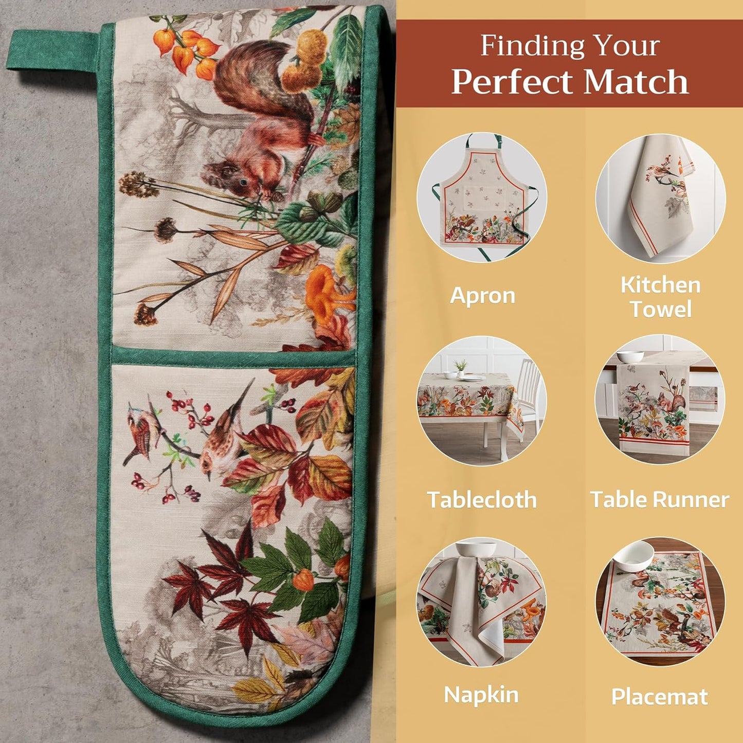 Maison d' Hermine Double Oven Mitts 100% Cotton 7"x35" Double Oven Mitt Heat Resistant BBQ Cooking Gloves with Loop, Baking, Grilling, Home, Kitchen, Handling Hot Pans (Recolte)