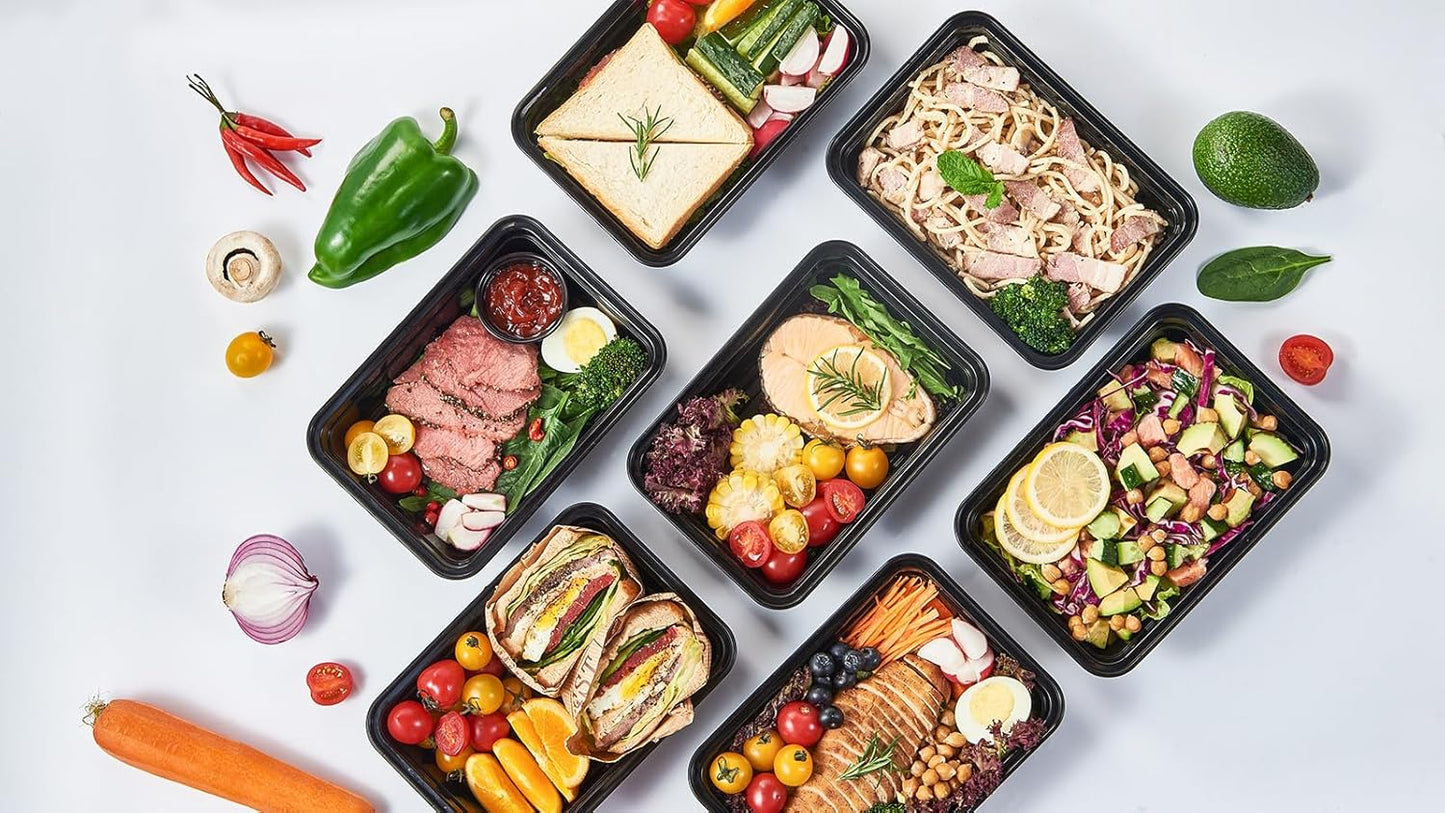 FULING 32 oz 50Pack Plastic Meal Prep Food Storage Containers with Lids Reusable 1 Compartment To Go Lunch Box Black Extra Large &Thick Microwave Freezer Dishwasher Safe BPA Free Stackable