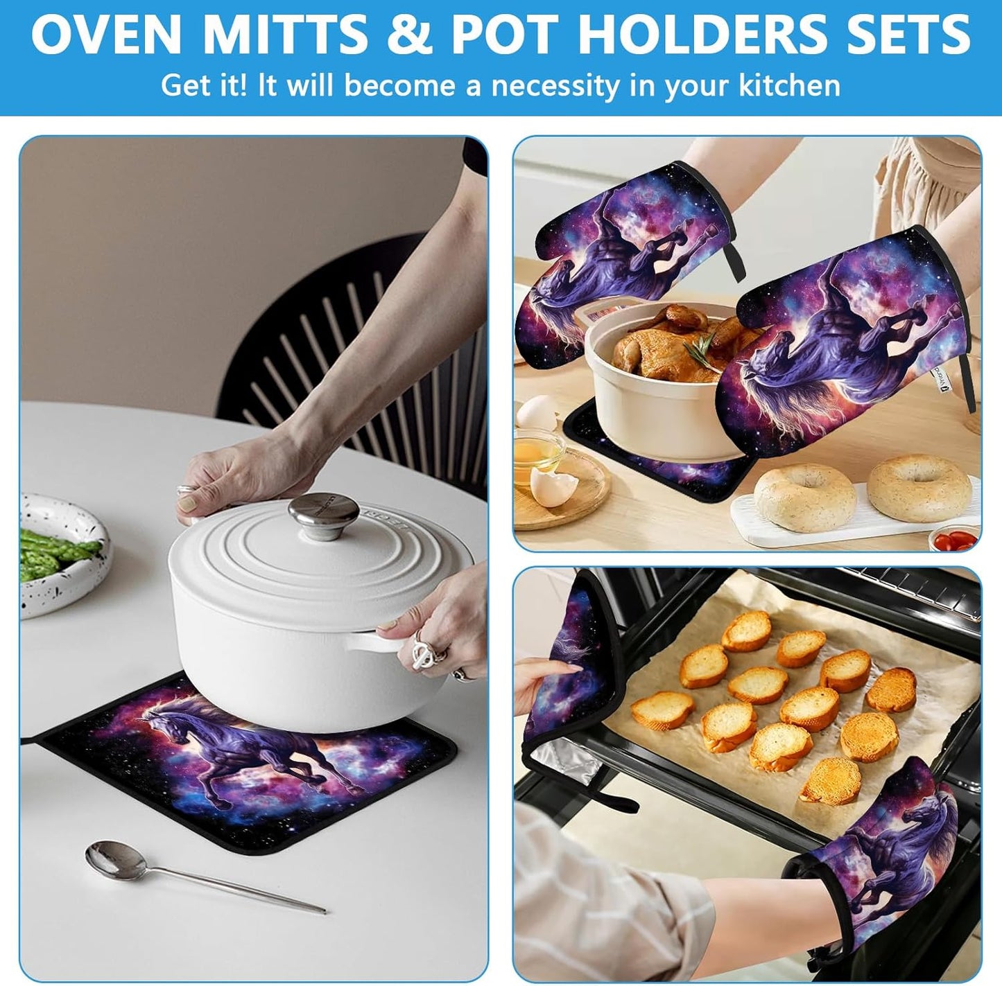 Horse Purple Galaxy Space Oven Mitts and Pot Holders Sets Heat Resistant 4Pcs Potholders Oven Gloves Hot Pads for Kitchen Baking Cooking Grilling BBQ