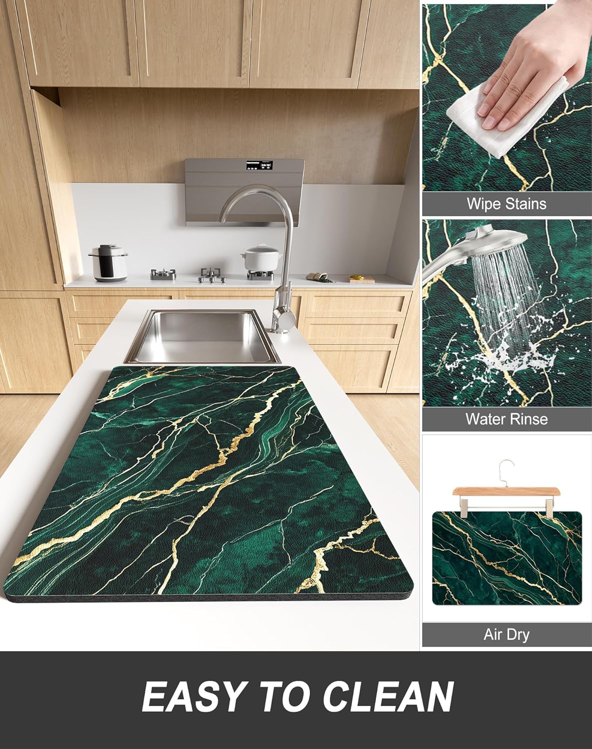 Rnivvi Dish Drying Mat for Kitchen Counter, 12 x 19" Cute Marble Super Absorbent Draining Pad, Non-Slip Heat Resistant Coffee Bar Mats for Coffee Machine Station Accessories, Green Gold Dish Rack Pad