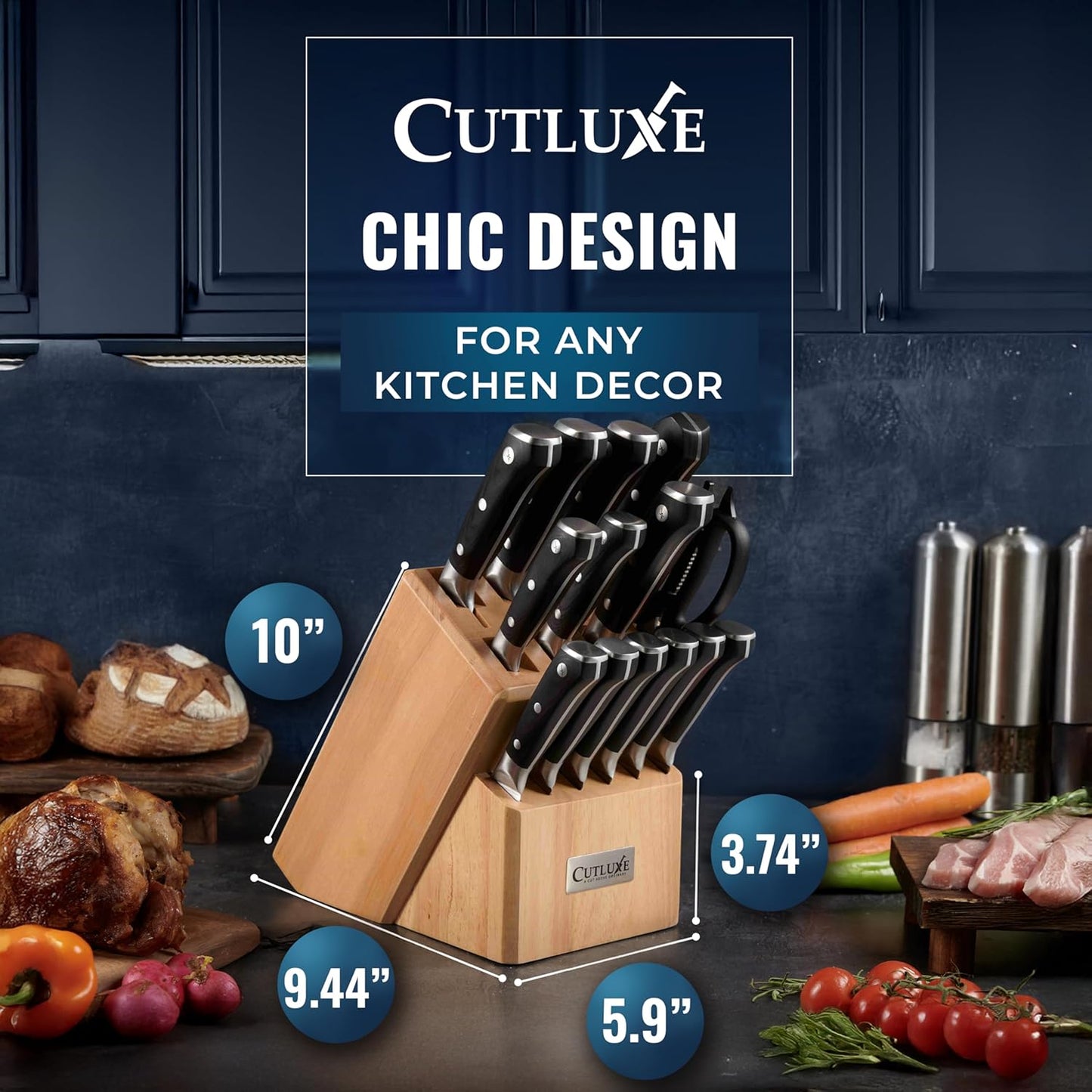 Cutluxe 15-Piece Knife Set – Premium Rubberwood Wood Block – Knife Set for Kitchen, Ultra Sharp High Carbon German Stainless Steel, Full Tang – Artisan Series