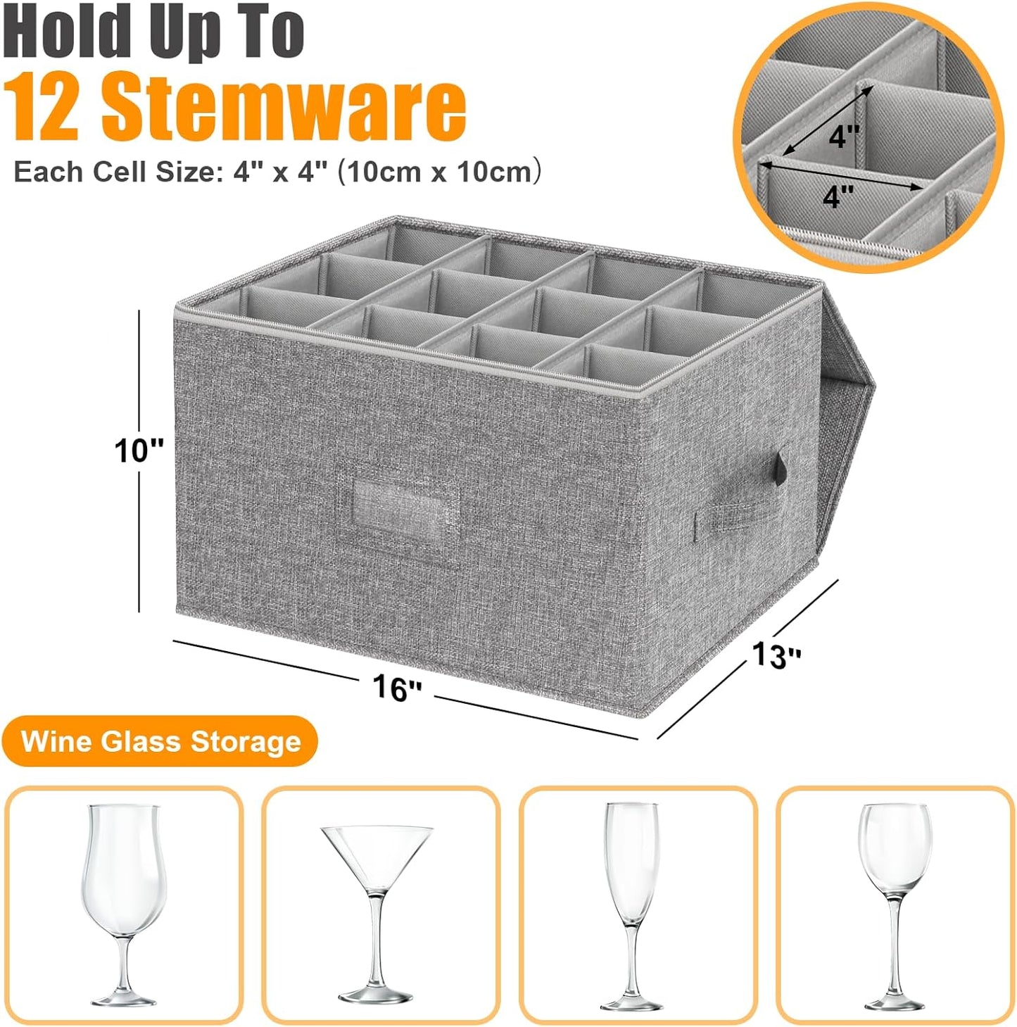 Wine Glass Storage Box 2-Pack, Stemware Container Cases, Stackable w/Hard Shell Top Sides Bottom, Moving Supplies, China Storage Containers for 24 Crystal Glasses Drinkware 10'' Tall, Grey
