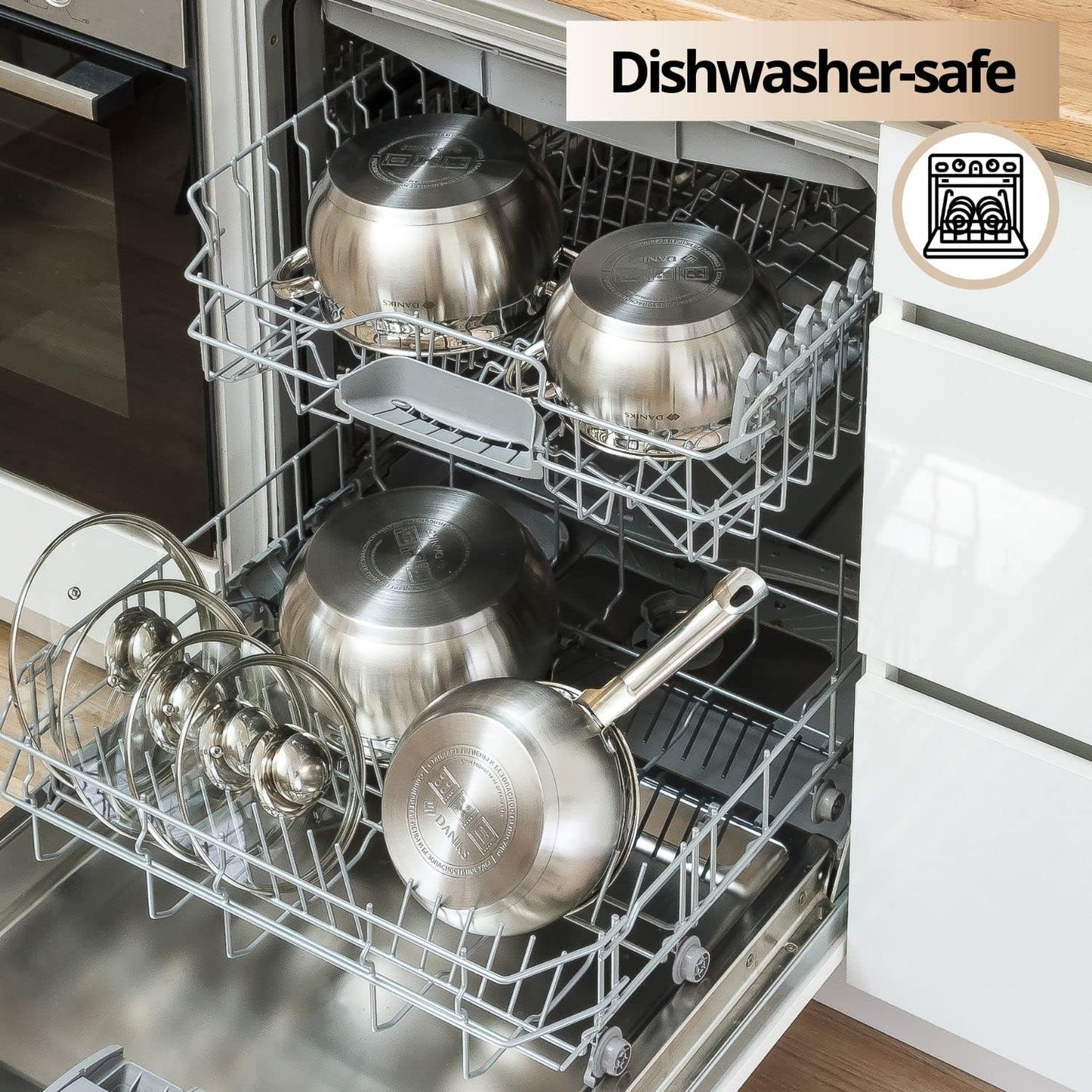 Daniks Classic Frying Pan Included, 11-Piece Stainless Steel Induction Cookware Set, Dishwasher Safe Pots and Saucepan, Glass Lids, Measuring Scale, For Soup, Pasta, Stew, Silver