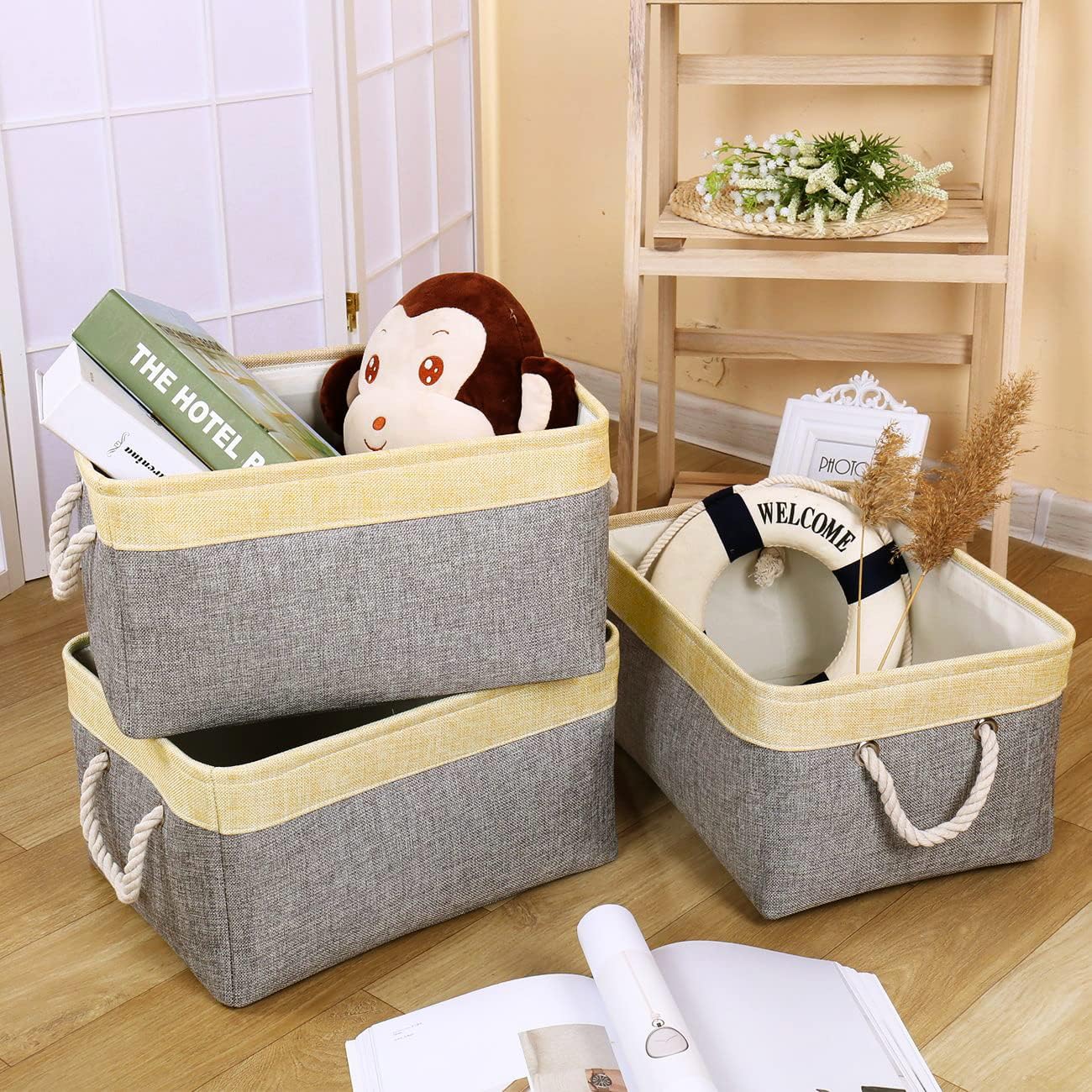 TheWarmHome Fabric Storage Bins Baskets for Organizing, Large Sturdy Storage Basket W/Handles, Decorative Foldable Storage Baskets for Shelves Closet Nursery Toy (Large - 3 Pack 15.7L×11.8W×8.3H)