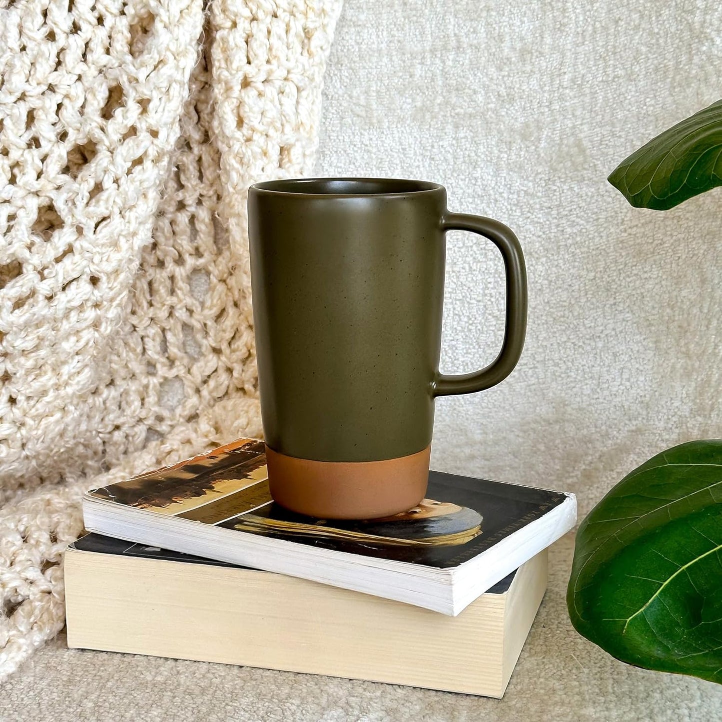 Mora Ceramics Large Tea Mug with Loose Leaf Infuser and Ceramic Lid, 18 oz, Portable, Microwave and Dishwasher Safe, Tall Coffee Cup - Rustic Matte Ceramic Glaze, Modern Herbal Tea Strainer, Olive
