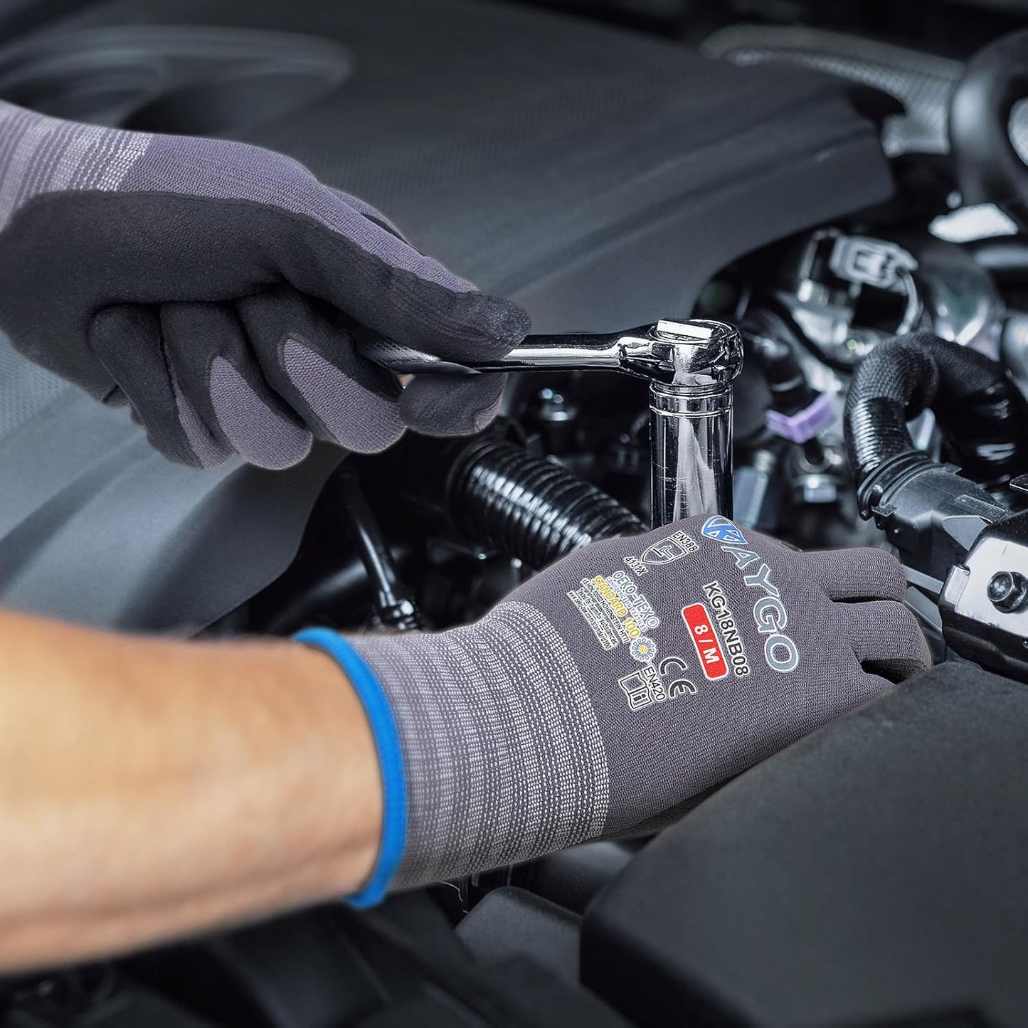 KAYGO Safety Work Gloves MicroFoam Nitrile Coated-3 Pairs, KG18NB,Seamless Knit Nylon Glove with Black Micro-Foam Nitrile Grip,Ideal for General Purpose,Automotive,Home Improvement,Red X-large