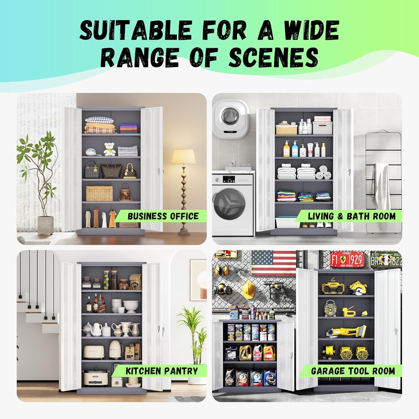 INTERGREAT Storage Cabinet, 72” Steel Locking Closet with Doors and 4 Adjustable Shelves, Tool Unit for Home Office, Garage & Tall Lockable File Cabinet, Grey White.