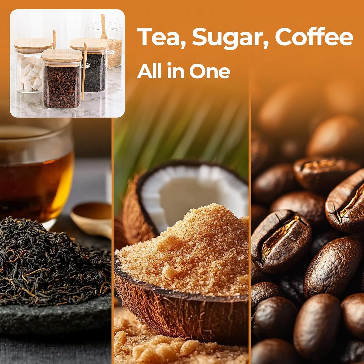 ComSaf 0.8 Qt Glass Jars with Bamboo Lids & Spoons Set of 4, Square Glass Containers with Lids, Sugar Coffee Containers Salt Spice Jars, Pantry Storage Container for Loose Tea, Candy, Brown Sugar, Nut