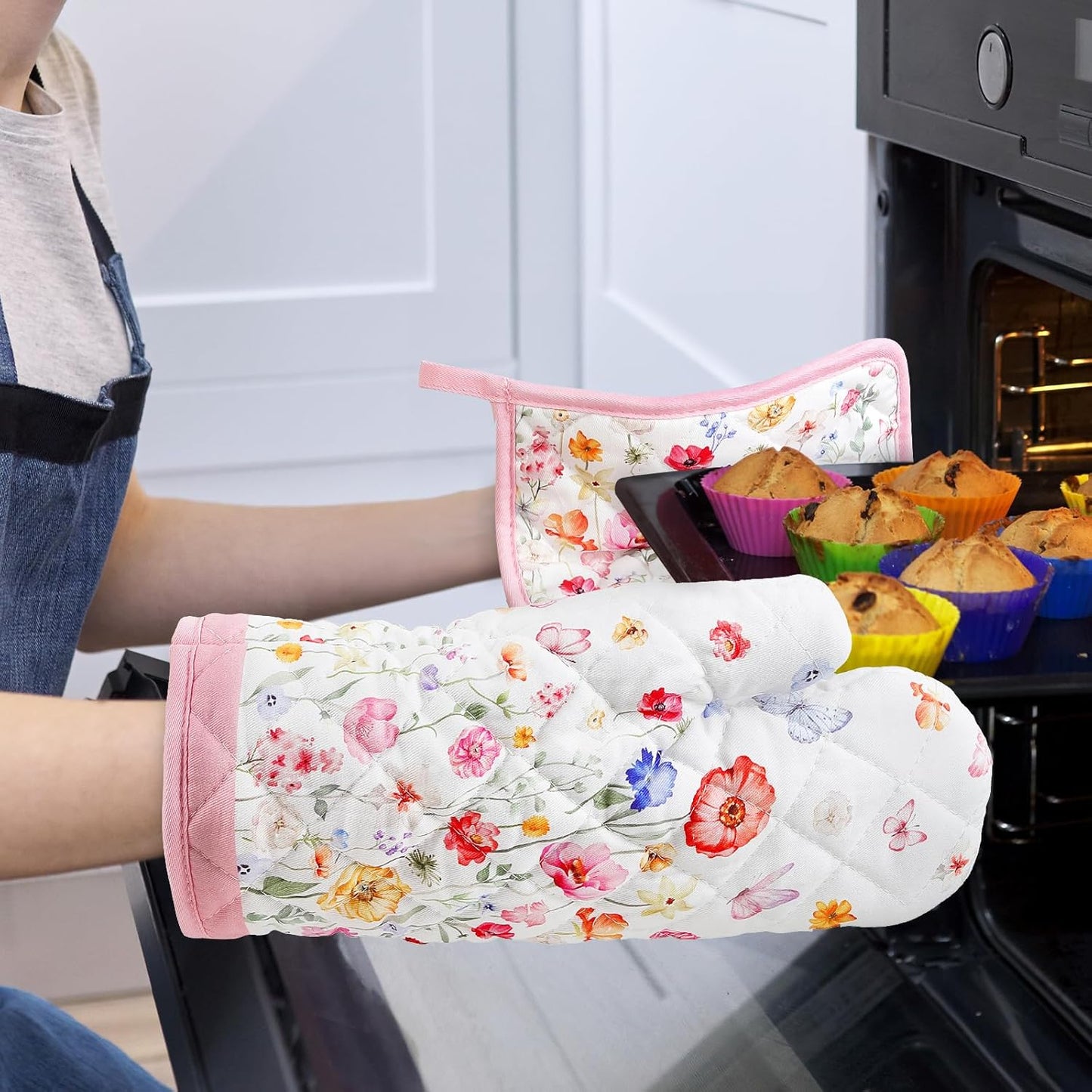 Wildflower Oven Mitts and Pot Holders Sets 2Pcs, 100% Cotton Heat Resistant, Extra Long Oven Gloves Potholder for Kitchen Cooking Baking Decoration