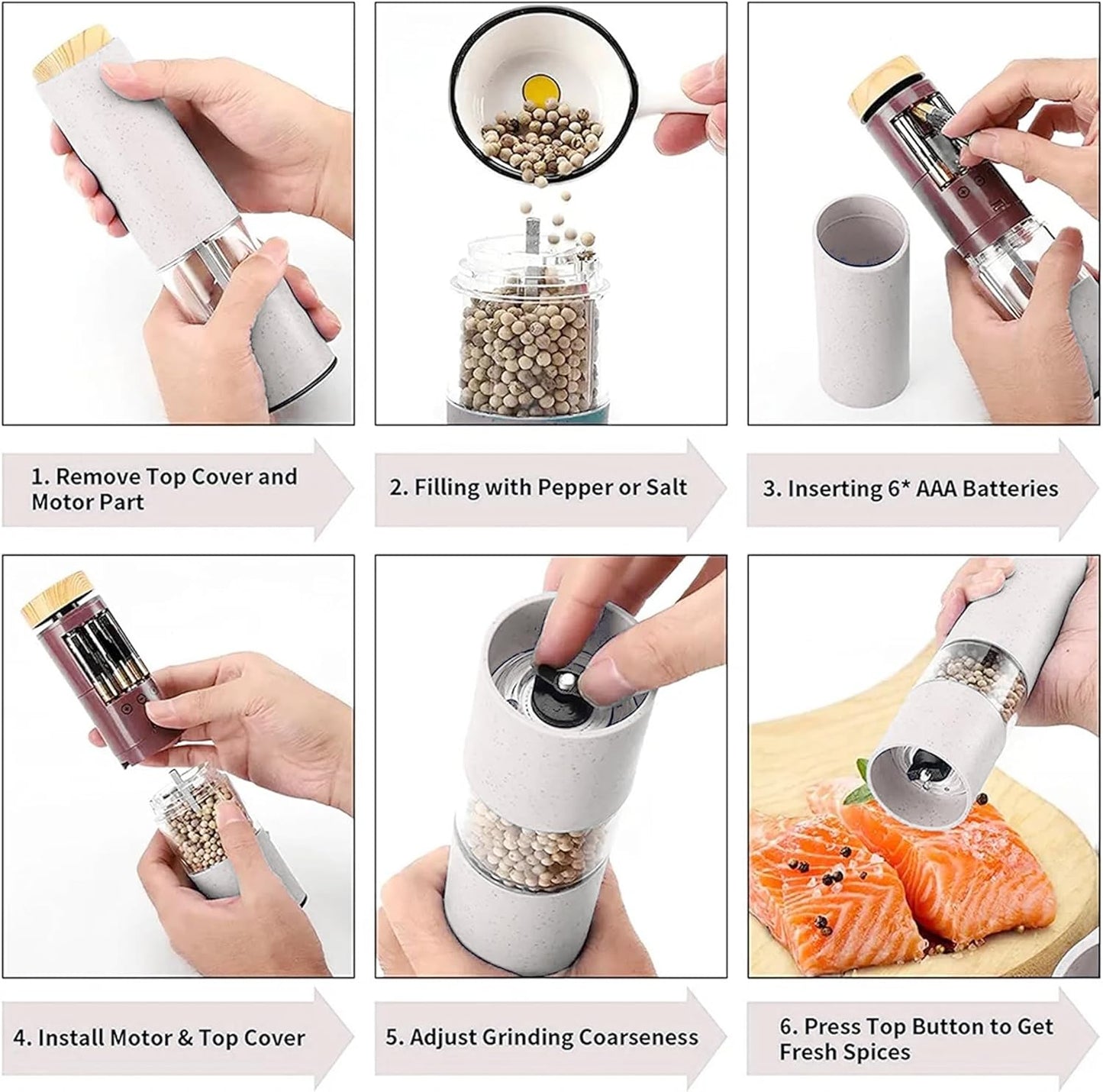 MEHIDFY Electric Salt and Pepper Grinder Set, 2 Pack Salt and Pepper Grinder Battery Operated, One-Handed Automatic Salt and Pepper Mill Grinder with LED Light, Adjustable Coarseness (White)