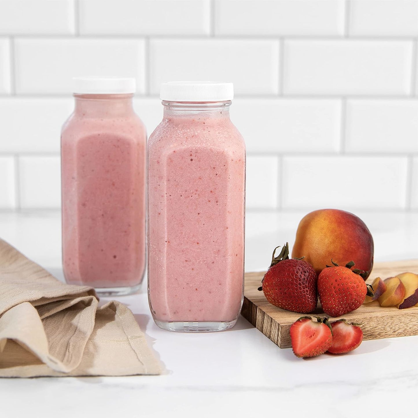 kitchentoolz 16oz Square Glass Milk Bottles with Airtight Plastic Lids – Pack of 4 | Reusable Milk Containers for Fridge & Lunchbox Storage – Ideal for Dairy, Smoothies, Juice, Water & More