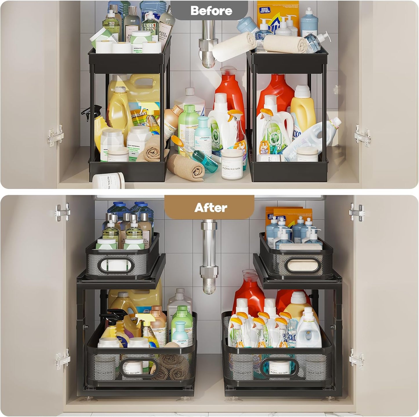 2 Pack 21IN-Depth Under Sink Organizer With Next-Gen Ball-Bearing Slides,2-Tier Precision Mesh Pull Out Cabinet Storage for Bathroom&Kitchen,Height Adjustable Drawers Shelf,Anti-rust-Black