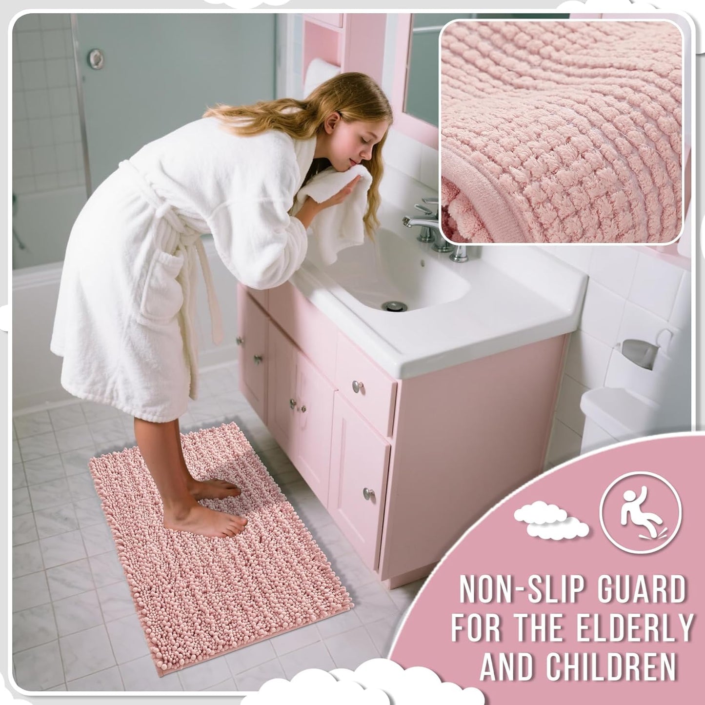 Yimobra Bathroom Rugs Non Slip Washable 24x17 Inch - Ultra Soft Absorbent Chenille Bath Mat, Quick Dry Shaggy Floor Carpet for Tub Shower, Light Pink Home Decor Accessories