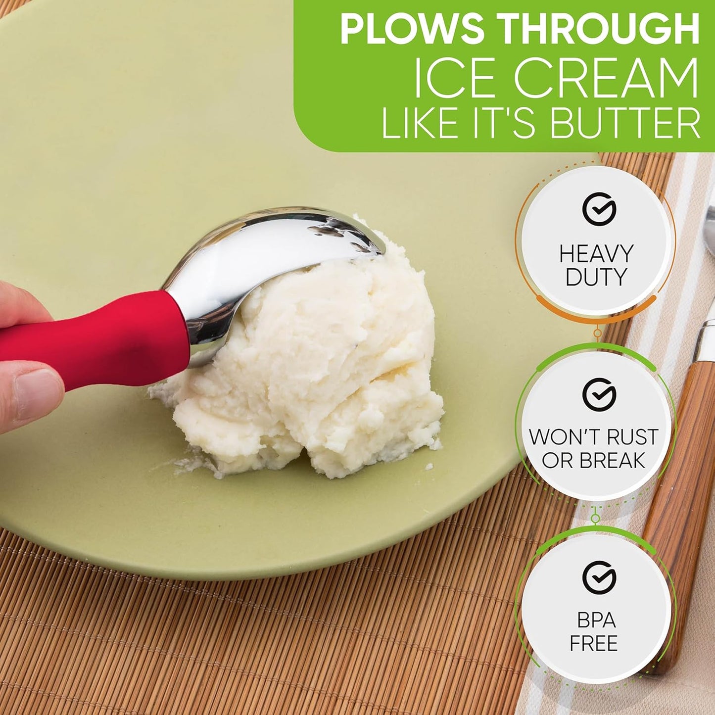 Spring Chef Red Heavy Duty Ice Cream Scoop with Non-Slip Handle, Professional Ice Cream Spoons for Gelato, Sorbet, Frozen Yogurt, Sorbet, Cookie Dough, Melon - Dishwasher Safe - 2 Pack