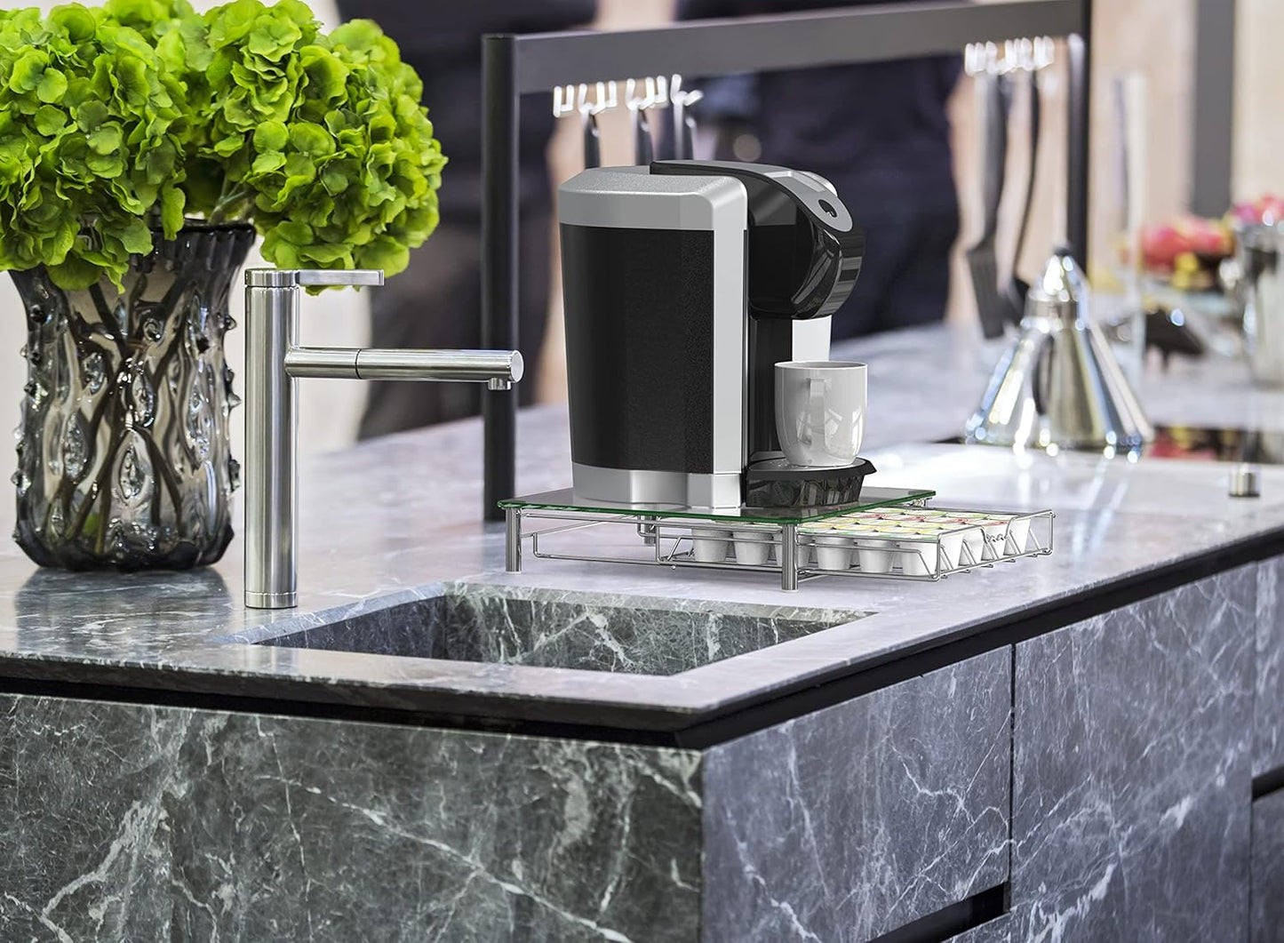 Deco Brothers Crystal Tempered Glass K-Cup Holder Drawer for 30 Coffee Pods Storage, Chrome