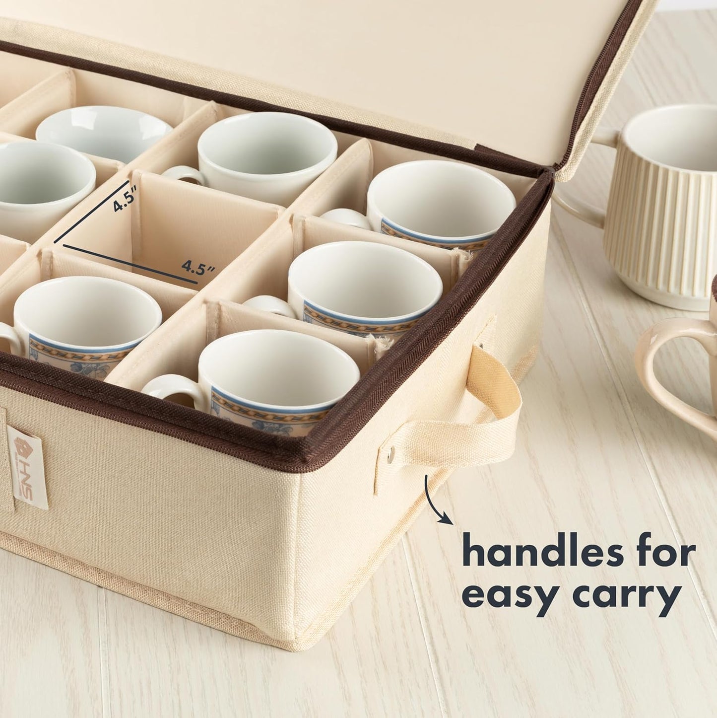 Hard Shell China Storage Containers 5-Piece Set Moving Boxes for Dinnerware, Glasses, Plates, Mugs and Saucers Sturdy Dish Organizer with Dividers for Seasonal Storage - Service for 12 - Beige