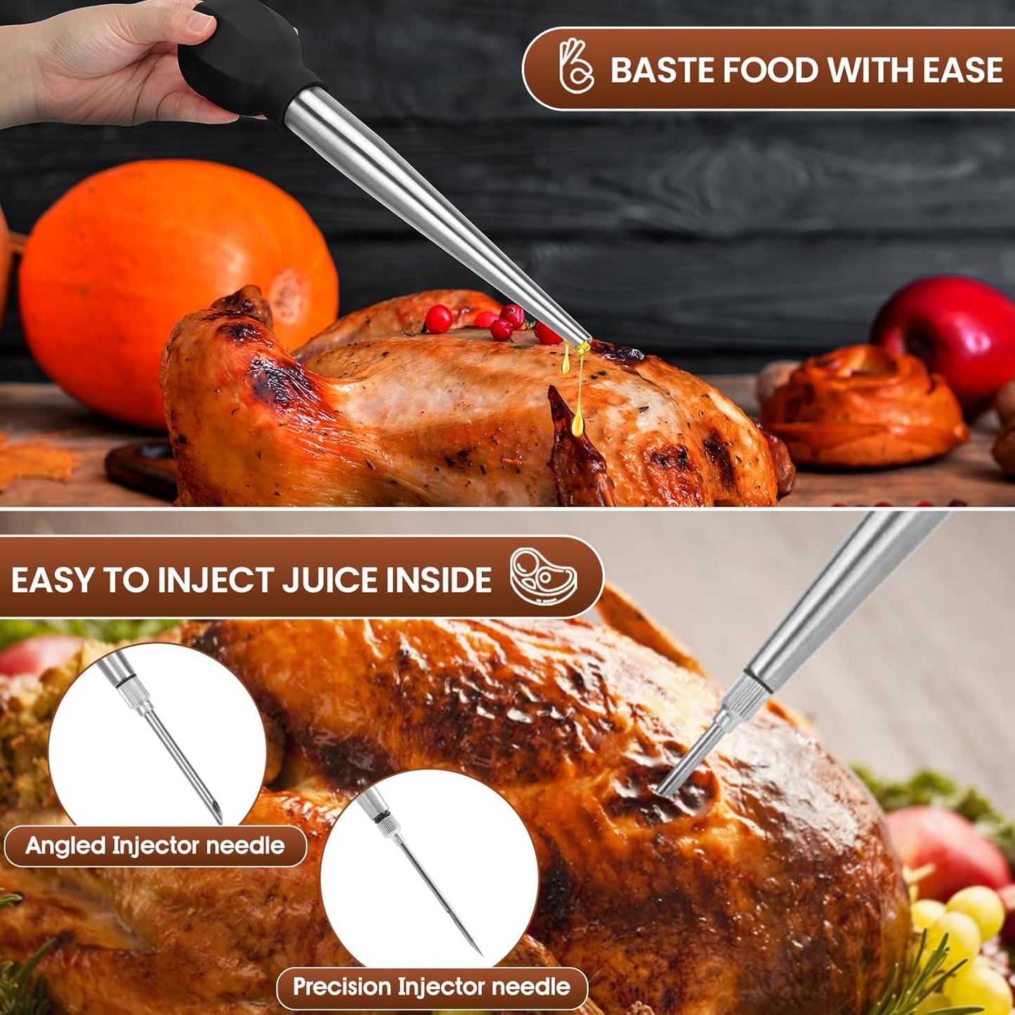 SCHVUBENR Large Turkey Baster with Cleaning Brush & Needle - Stainless Steel Baster Tool for Cooking - Easy to Use and Clean - Heavy Duty Baster Syringe - Flavor Meat Poultry, Beef, Chicken - Black