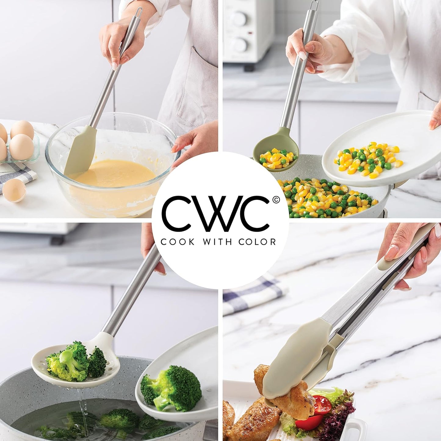 COOK WITH COLOR Silicone Cooking Utensils, Kitchen Utensil Set, Easy to Clean Silicone Kitchen Utensils, Cooking Utensils for Nonstick Cookware, Kitchen Gadgets Set, 10 Pieces, Green