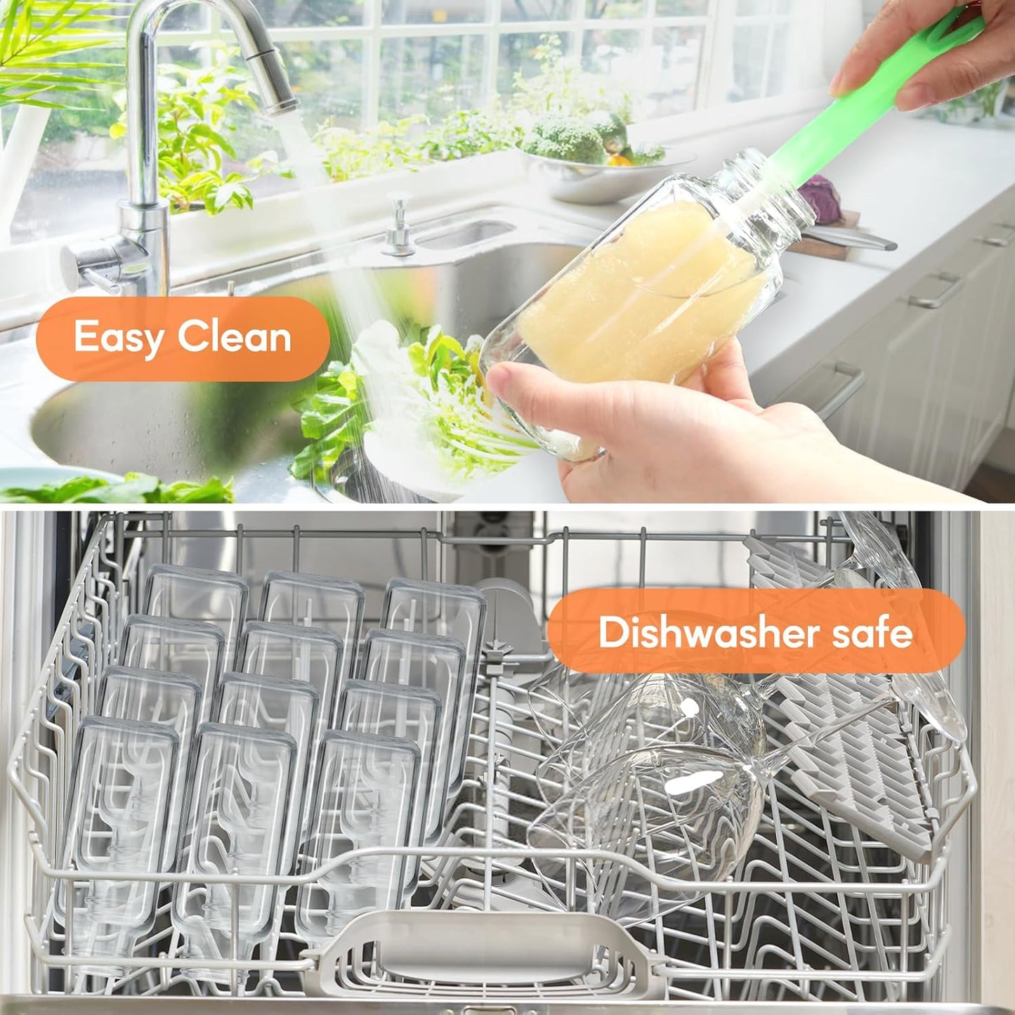 STARSIDE 12 oz 3 Pack Glass Juice Bottles with Lids - Square Reusable Drinking Jars for Juicing, Milk, Kombucha - Includes 1 Bottle Brush, 6 Colored Labels