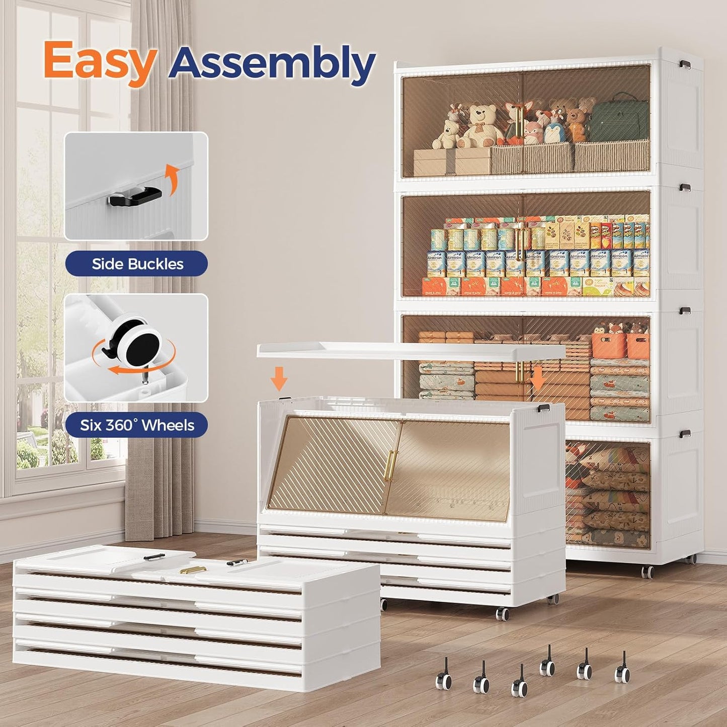 320GAL Extra Large Storage Bins with Lid, 1280QT Plastic Stackable Storage Bins with 6x Wheels, Collapsible Closet Organizer and Storage Drawer Cabinet for Living Room Office Dorm, 4Pack White