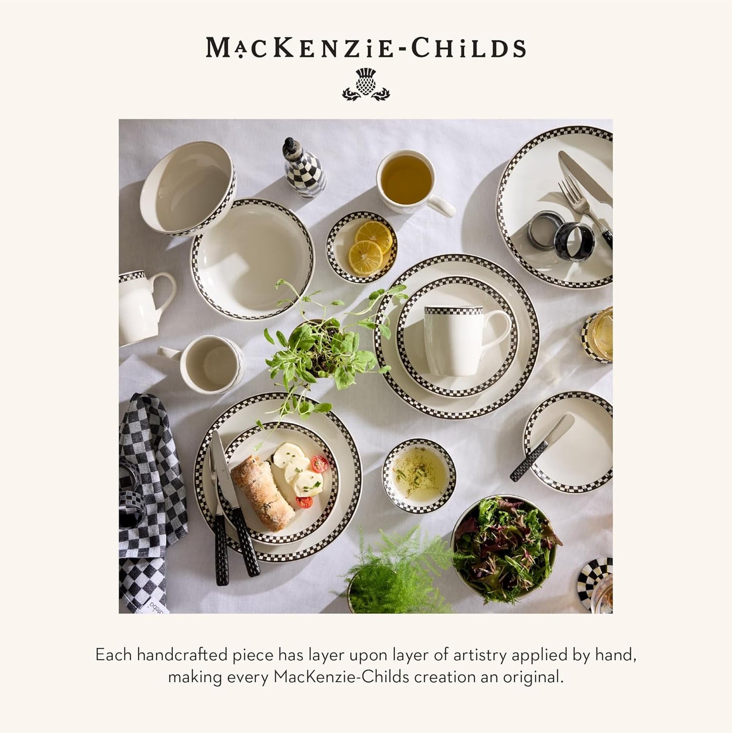 MACKENZIE-CHILDS Set of 4 Everyday Pasta Bowls, Microwave-Safe and Dishwasher-Safe Stoneware Bowls, Black-and-White Courtly Check